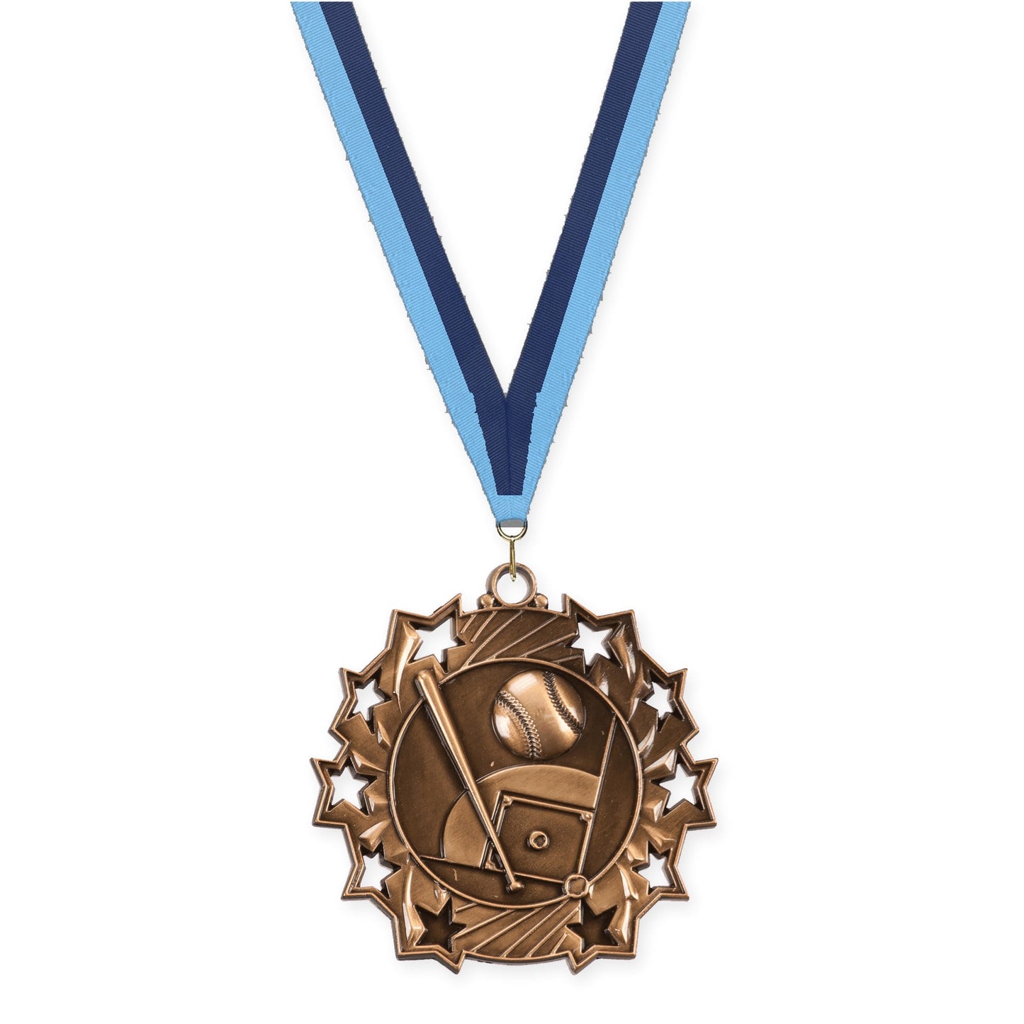 2 1/4 inch baseball and softball Ten Star medal in antique bronze with Light Blue Navy neck ribbon