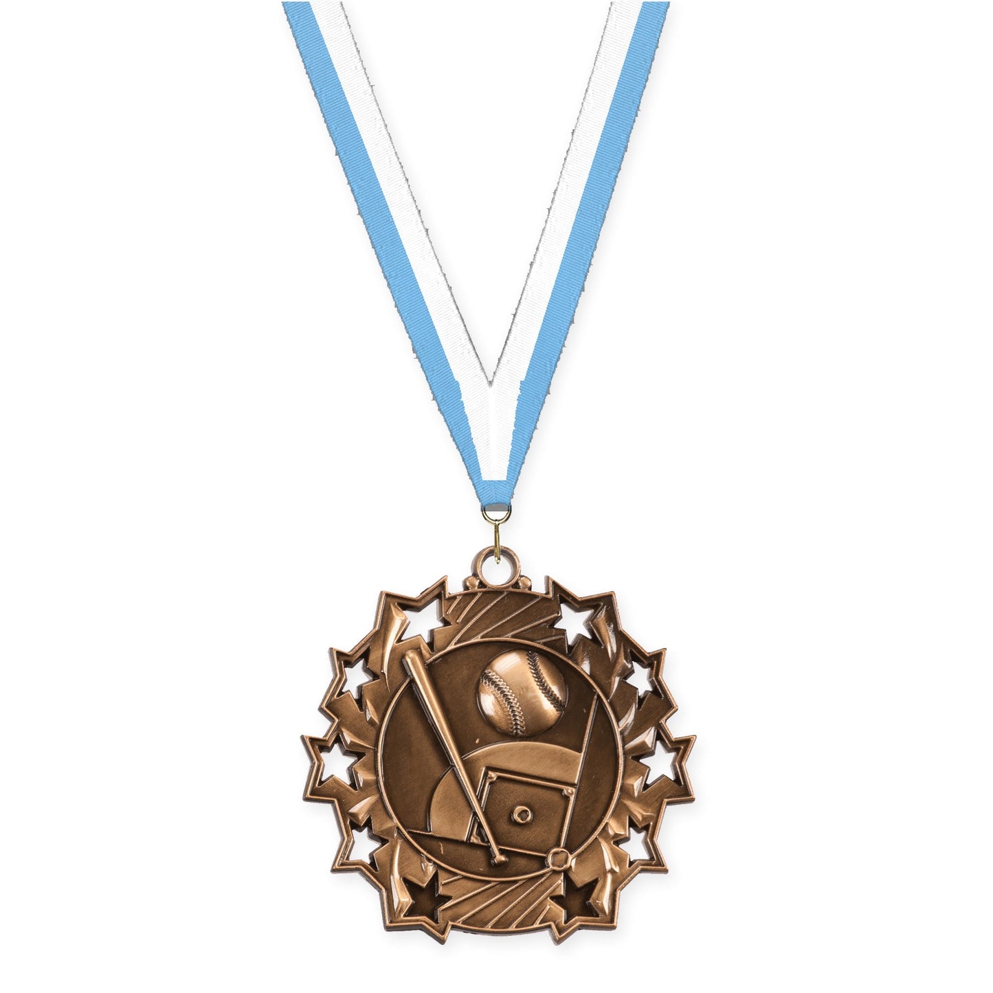 2 1/4 inch baseball and softball Ten Star medal in antique bronze with Light Blue White neck ribbon