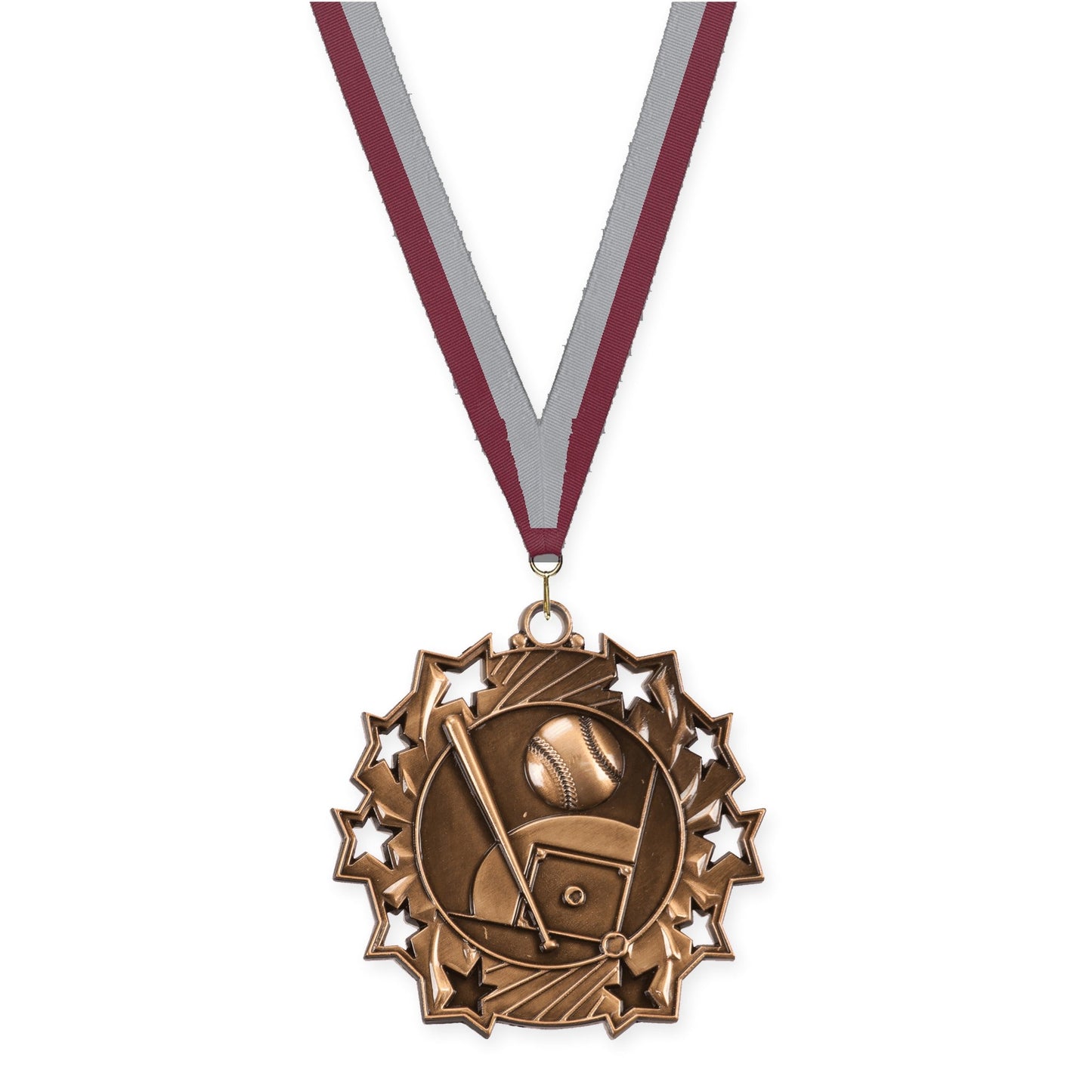 2 1/4 inch baseball and softball Ten Star medal in antique bronze with Maroon Gray neck ribbon