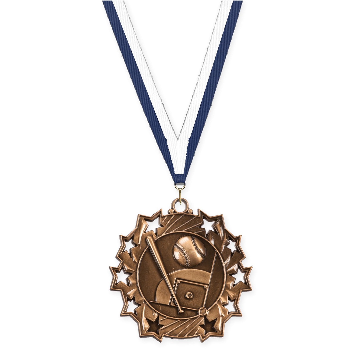 2 1/4 inch baseball and softball Ten Star medal in antique bronze with Navy White neck ribbon