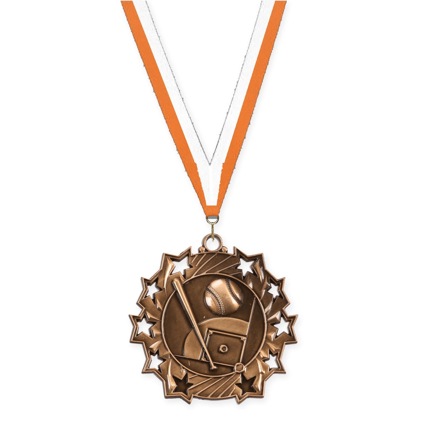 2 1/4 inch baseball and softball Ten Star medal in antique bronze with Orange White neck ribbon