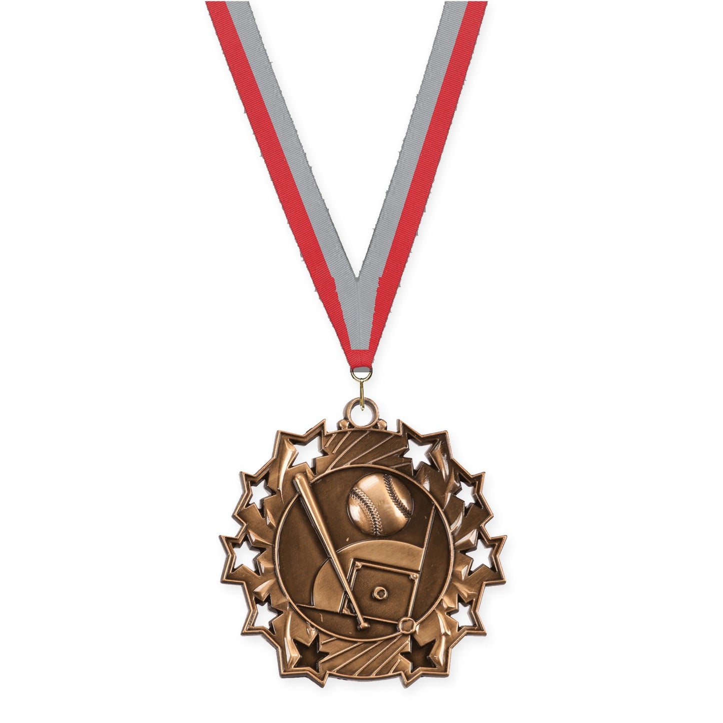 2 1/4 inch baseball and softball Ten Star medal in antique bronze with Red Gray neck ribbon