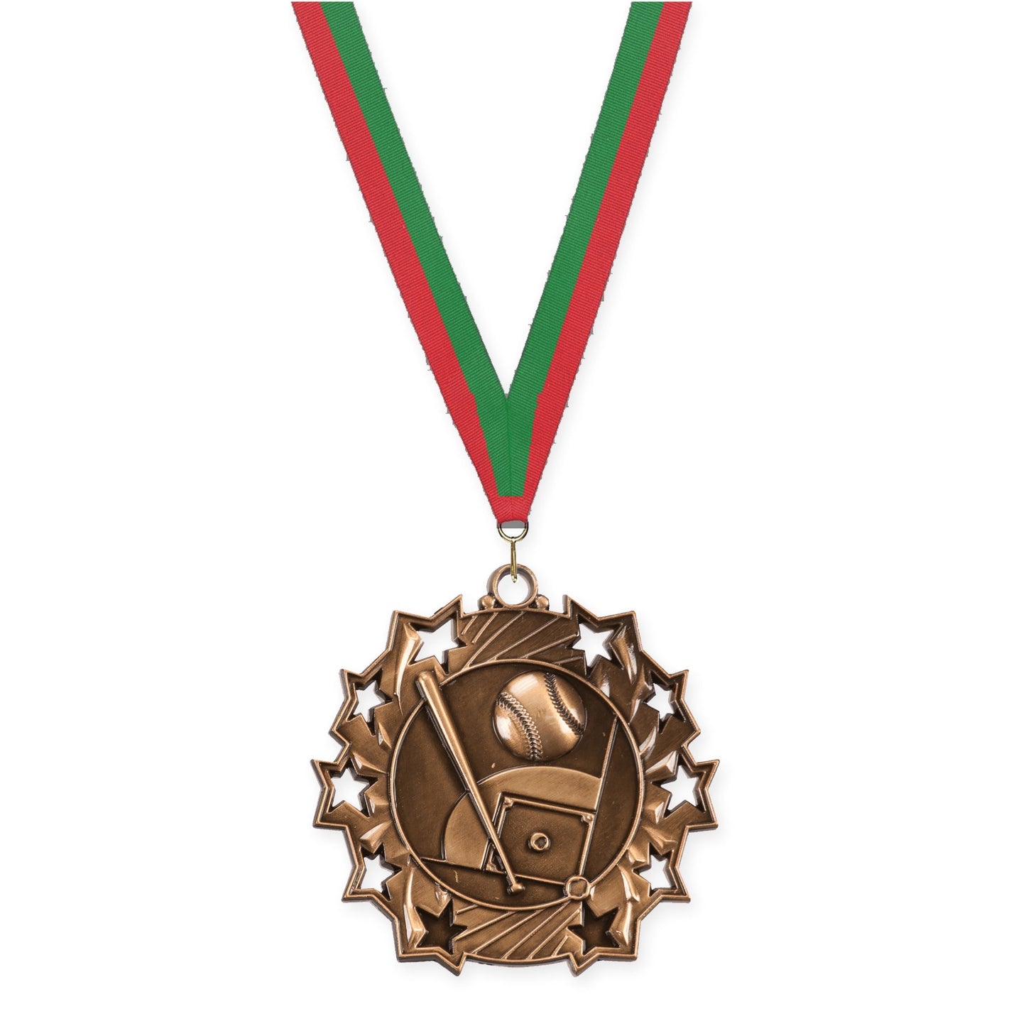 2 1/4 inch baseball and softball Ten Star medal in antique bronze with Red Green neck ribbon