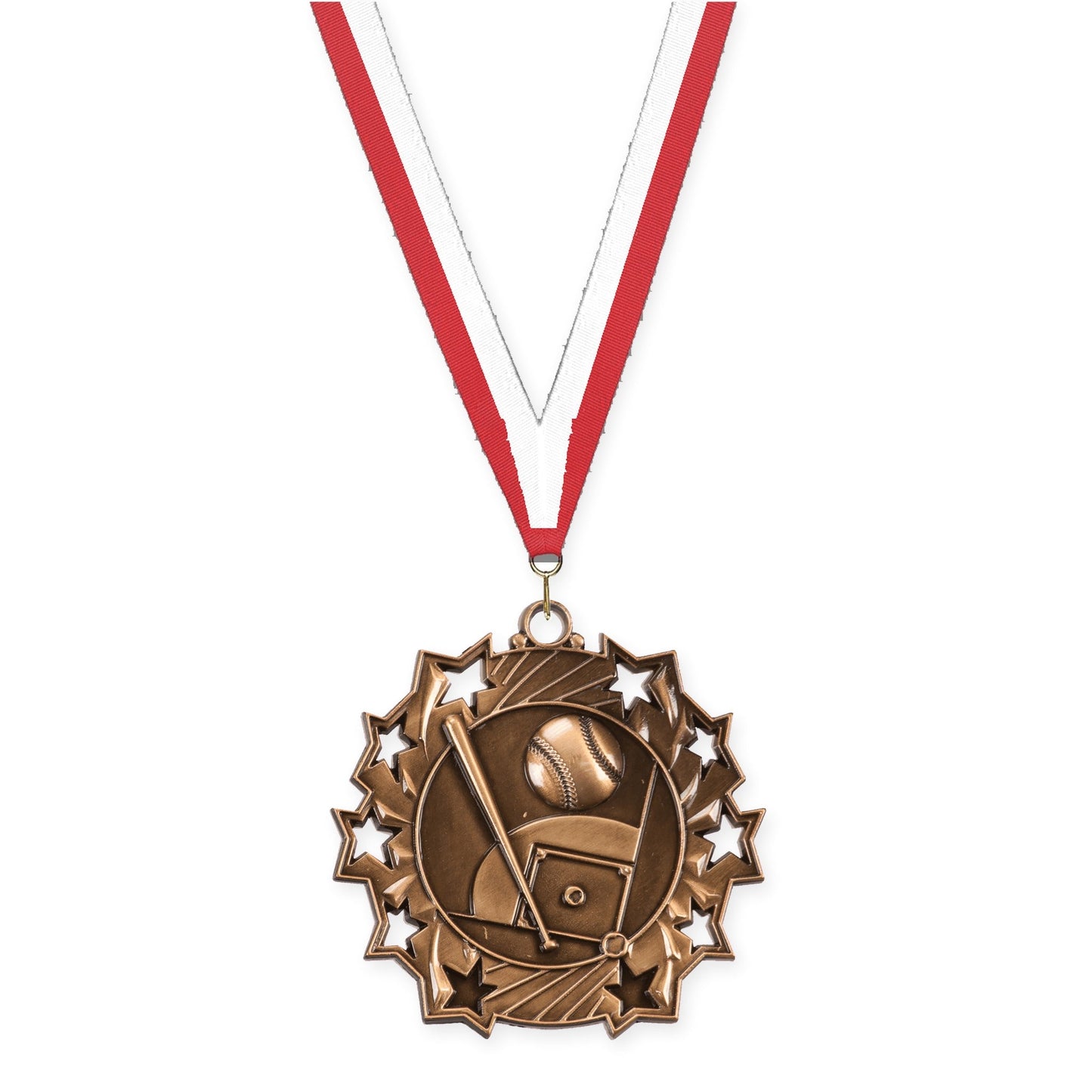 2 1/4 inch baseball and softball Ten Star medal in antique bronze with Red White neck ribbon