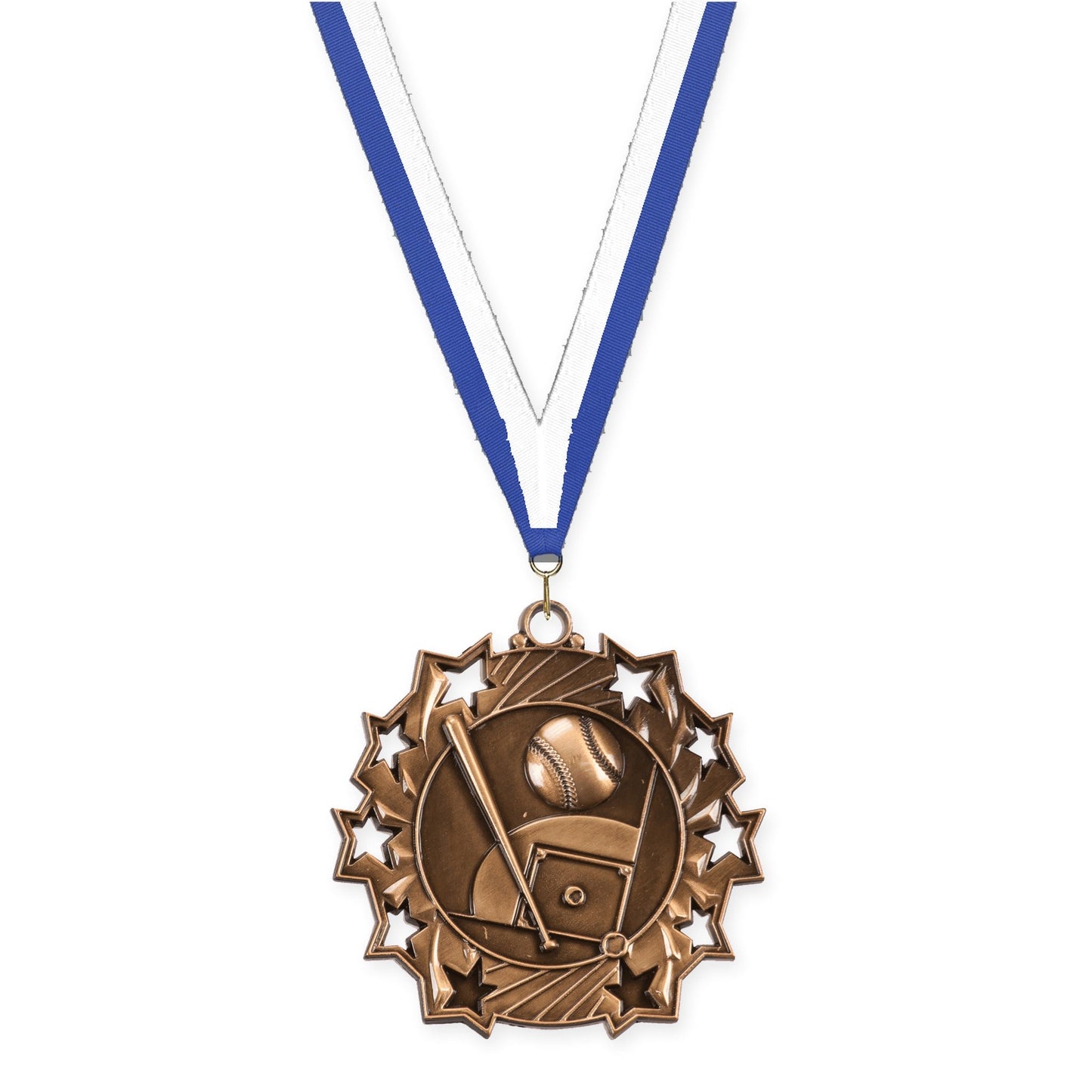 2 1/4 inch baseball and softball Ten Star medal in antique bronze with Blue White neck ribbon