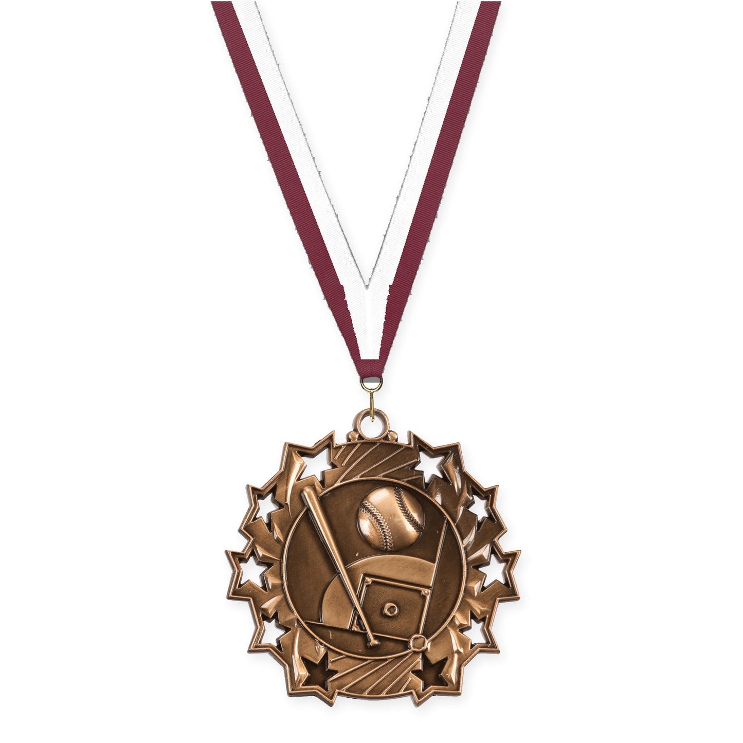 2 1/4 inch baseball and softball Ten Star medal in antique bronze with Maroon White neck ribbon