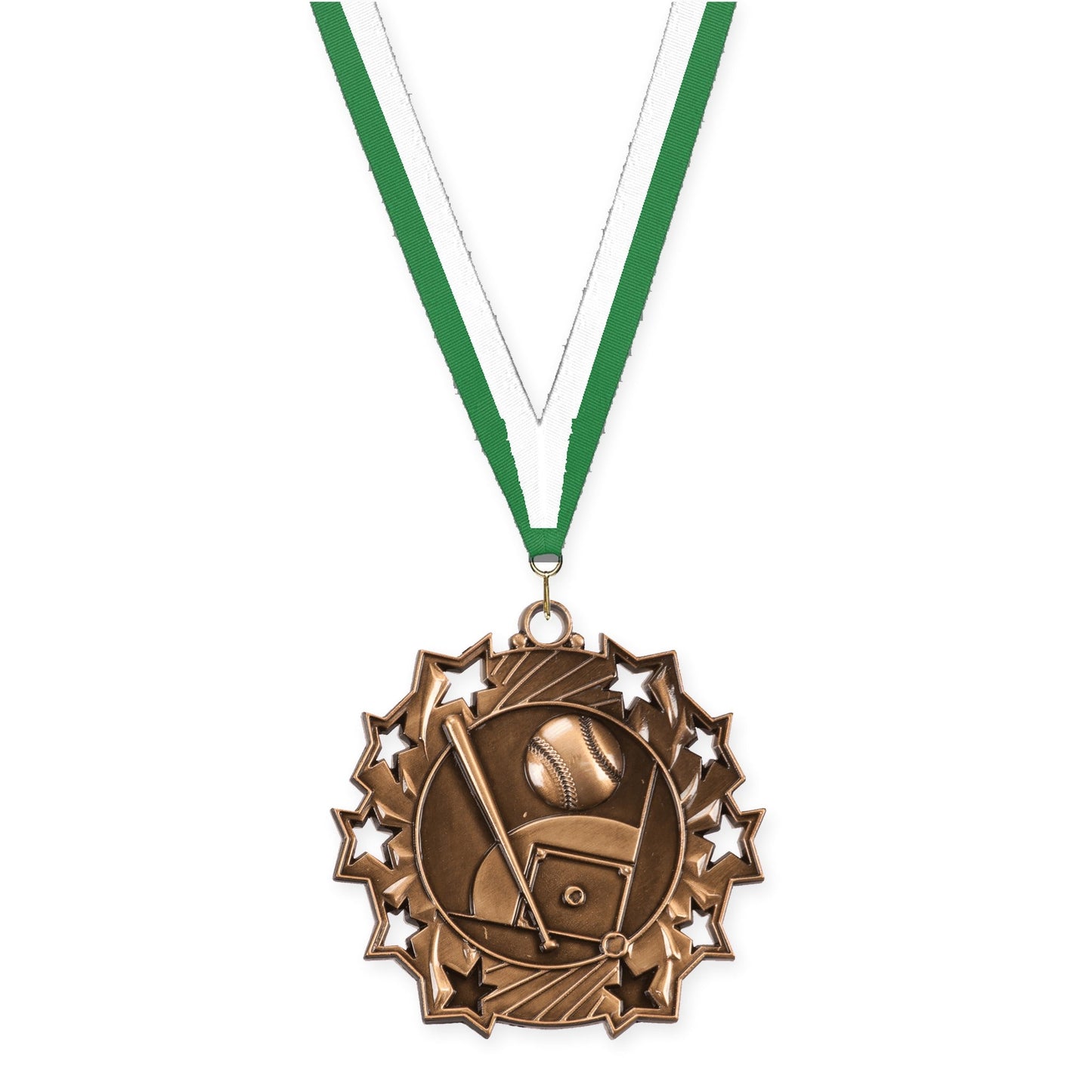 2 1/4 inch baseball and softball Ten Star medal in antique bronze with Green White neck ribbon