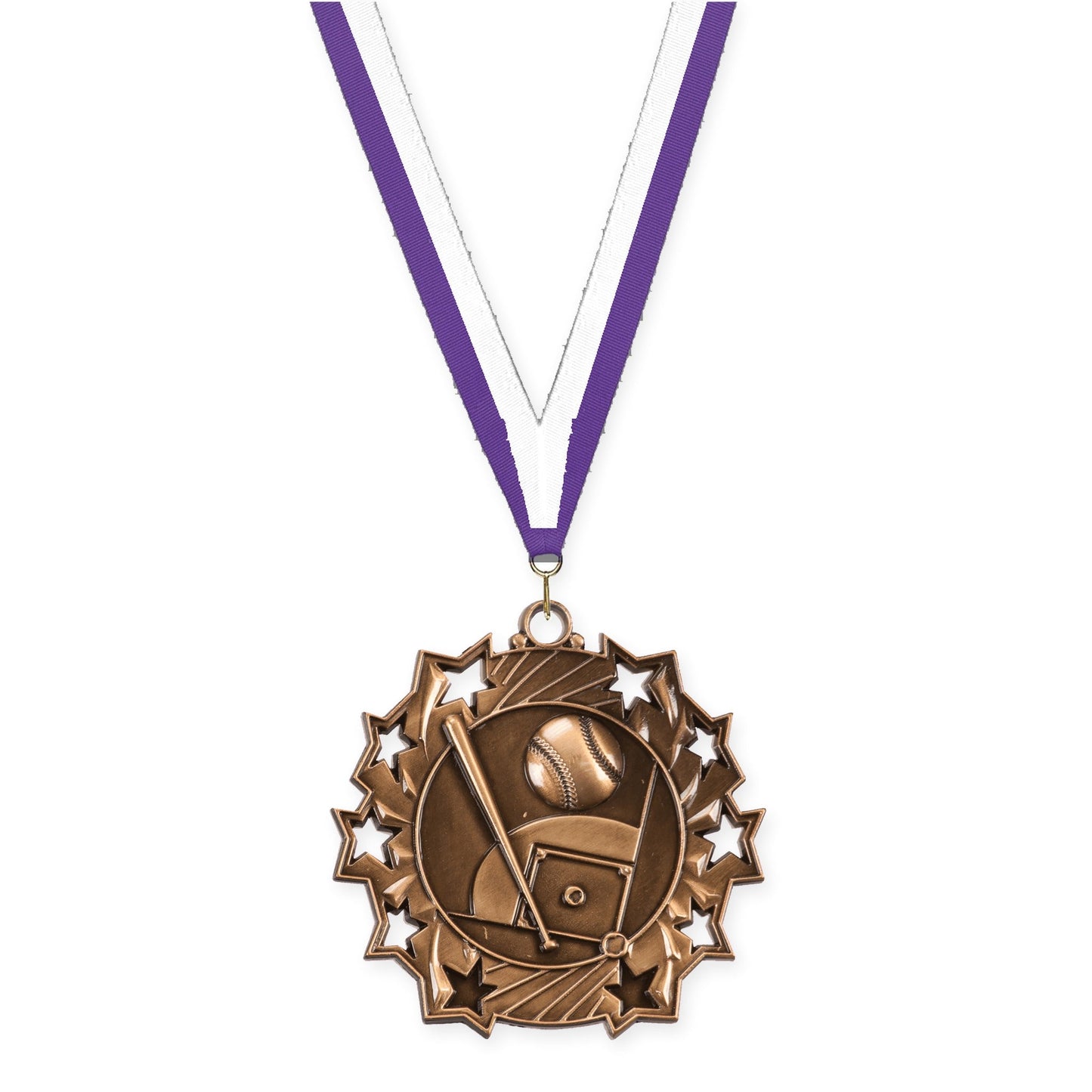 2 1/4 inch baseball and softball Ten Star medal in antique bronze with Purple White neck ribbon