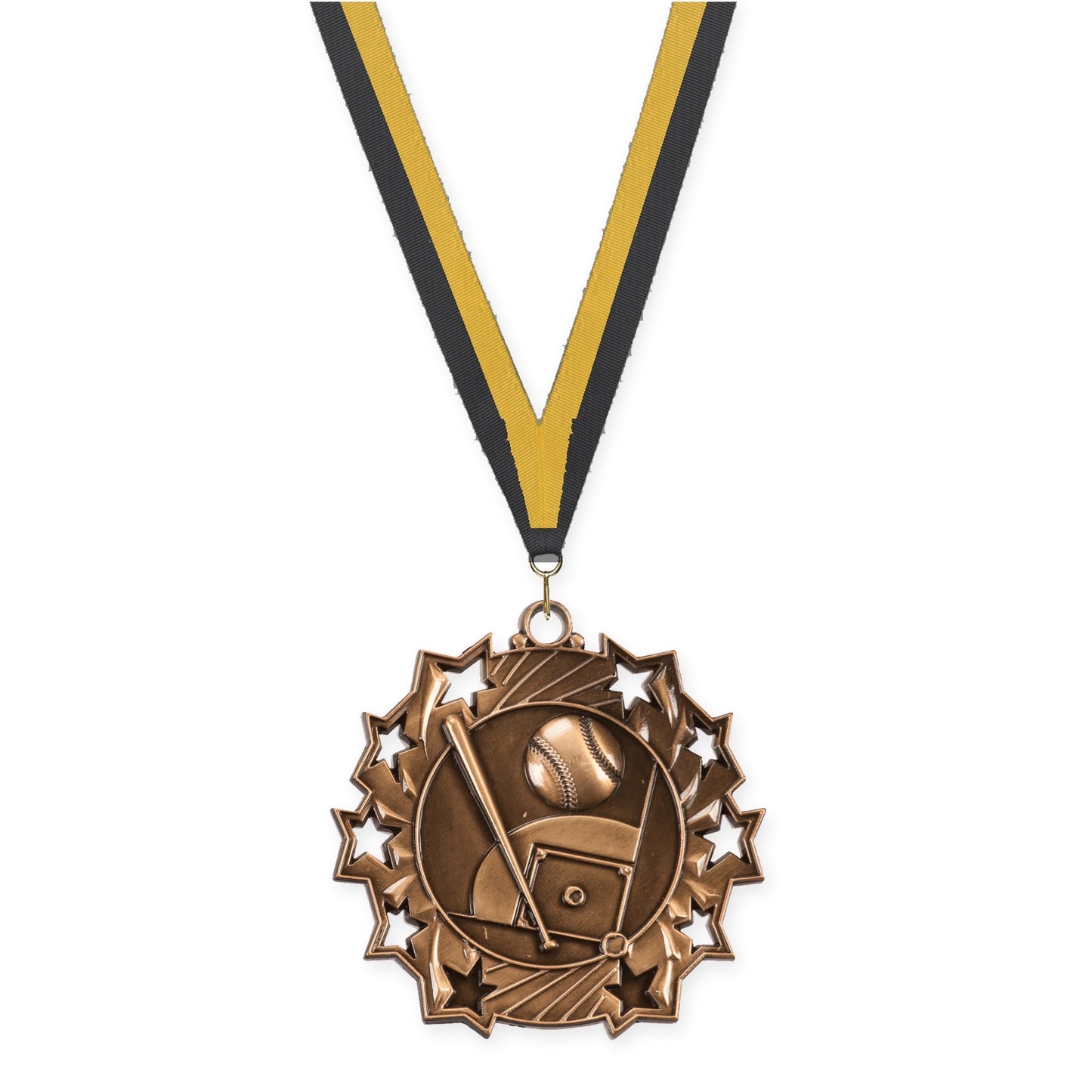 2 1/4 inch baseball and softball Ten Star medal in antique bronze with Black Gold neck ribbon