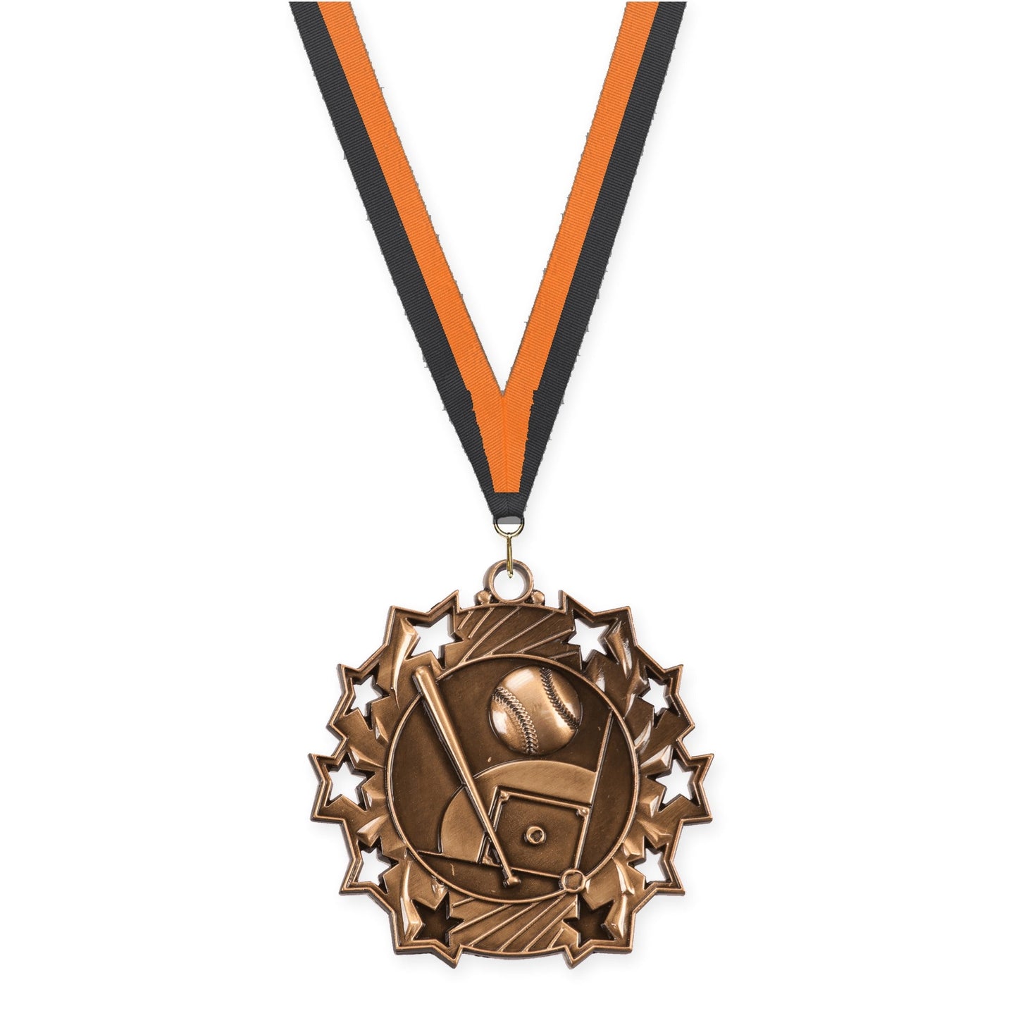 2 1/4 inch baseball and softball Ten Star medal in antique bronze with Black Orange neck ribbon