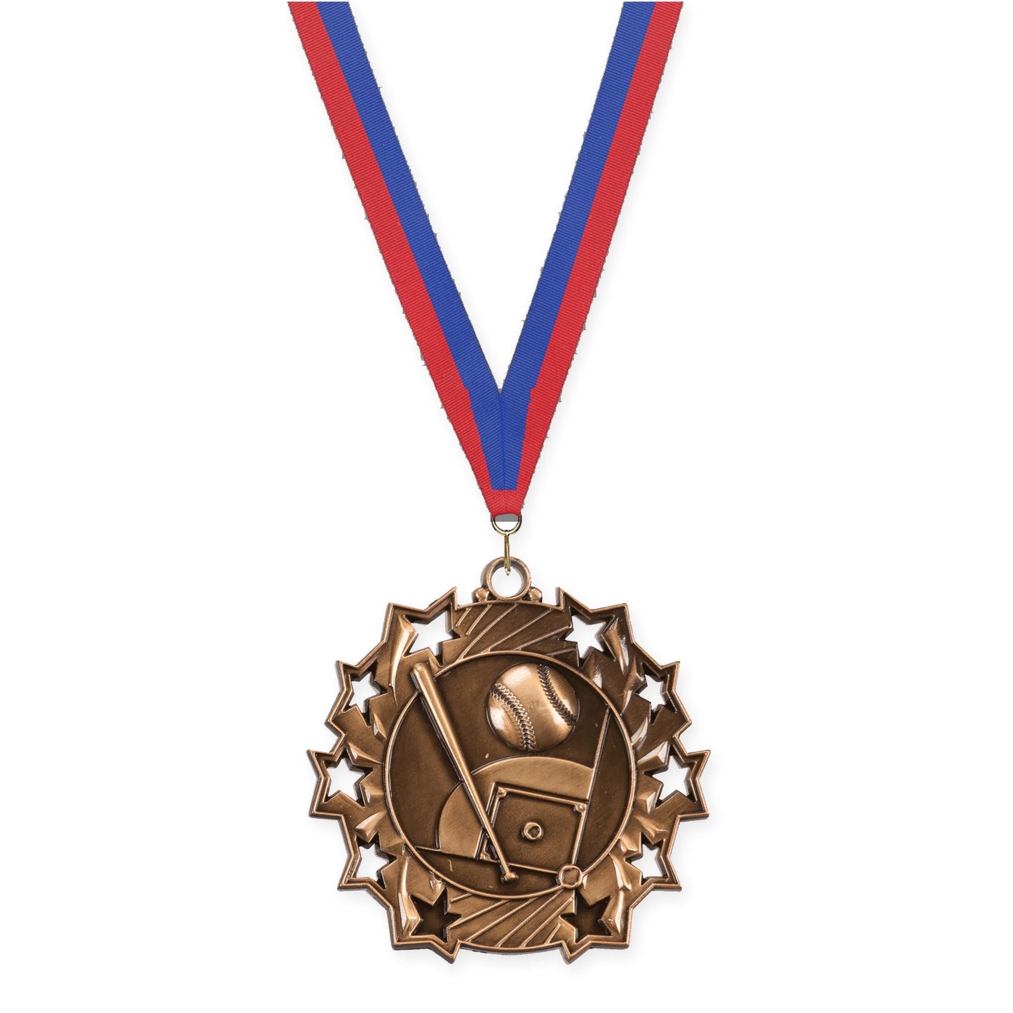2 1/4 inch baseball and softball Ten Star medal in antique bronze with Blue Red neck ribbon