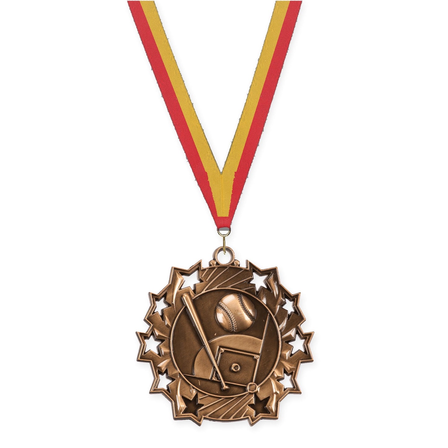 2 1/4 inch baseball and softball Ten Star medal in antique bronze with Red Gold neck ribbon