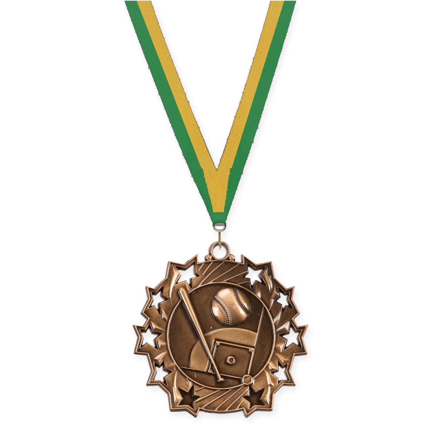 2 1/4 inch baseball and softball Ten Star medal in antique bronze with Green Gold neck ribbon