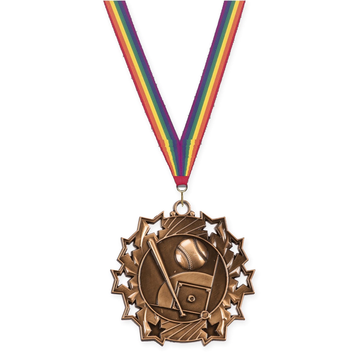 2 1/4 inch baseball and softball Ten Star medal in antique bronze with Rainbow neck ribbon
