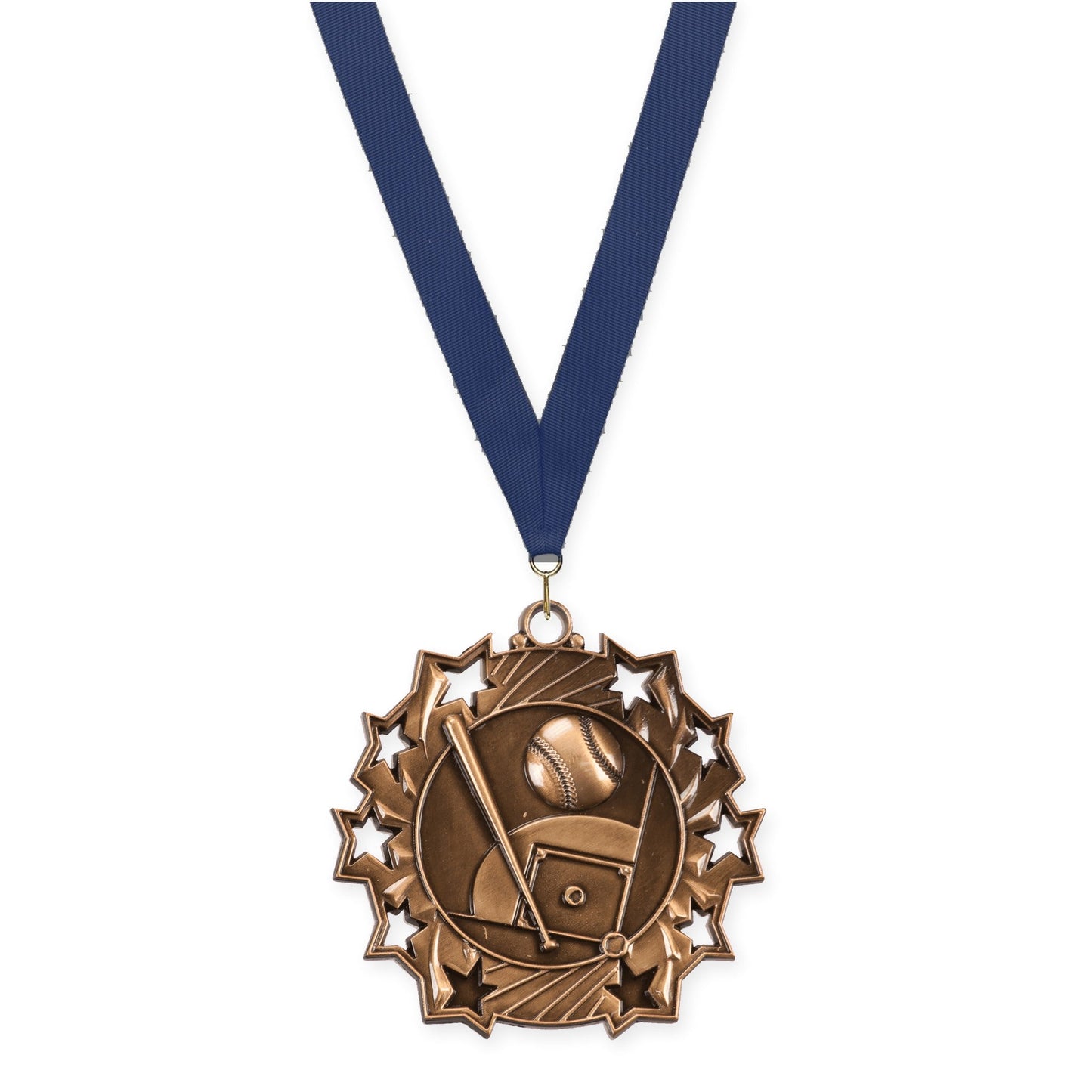 2 1/4 inch baseball and softball Ten Star medal in antique bronze with Navy neck ribbon