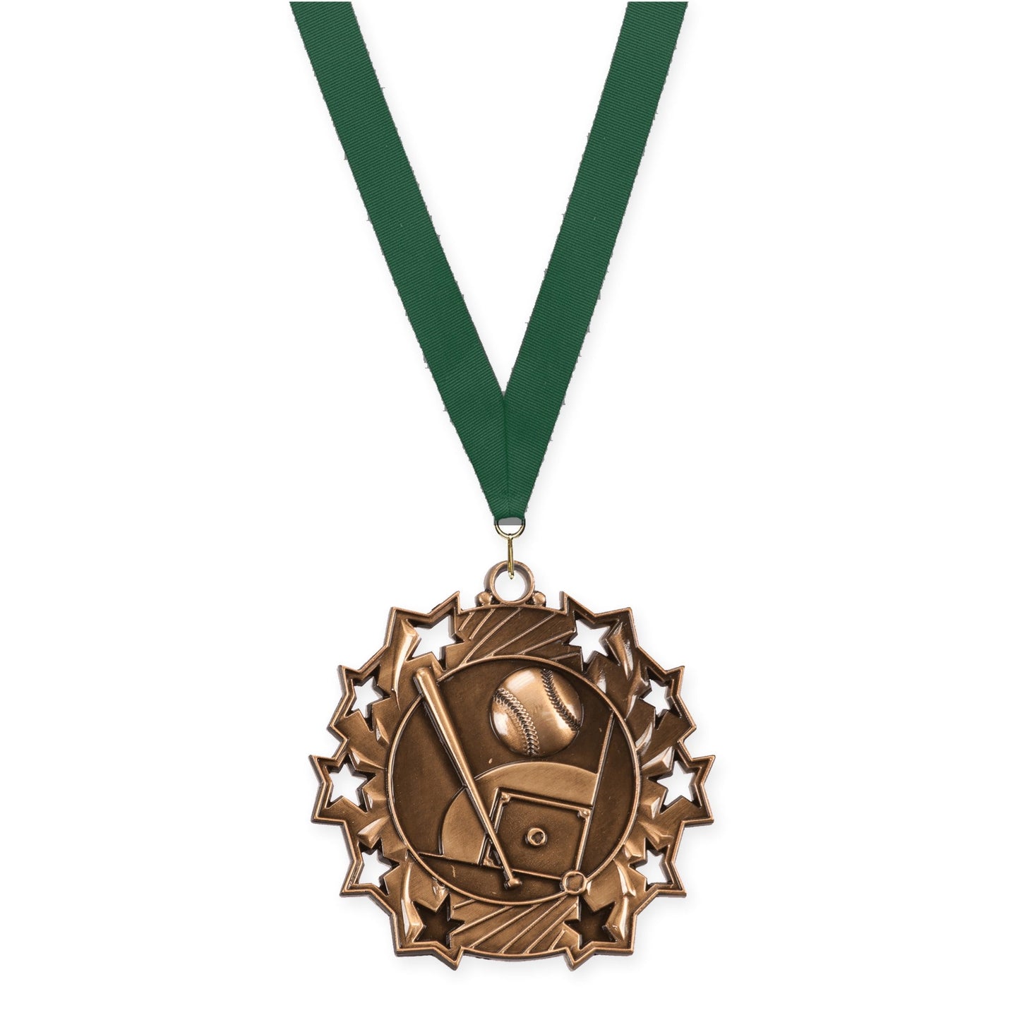 2 1/4 inch baseball and softball Ten Star medal in antique bronze with Hunter Green neck ribbon