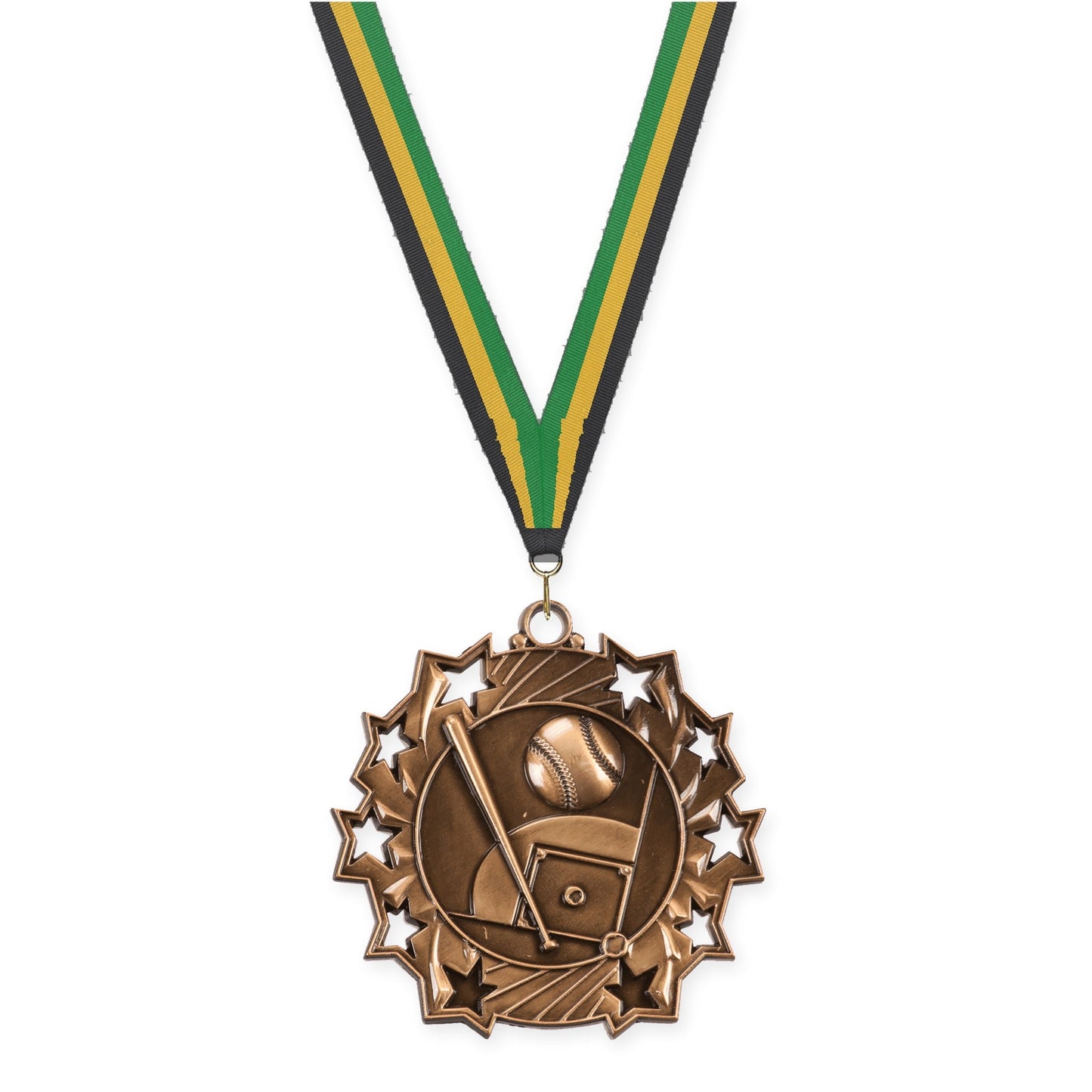 2 1/4 inch baseball and softball Ten Star medal in antique bronze with Black Gold Green neck ribbon