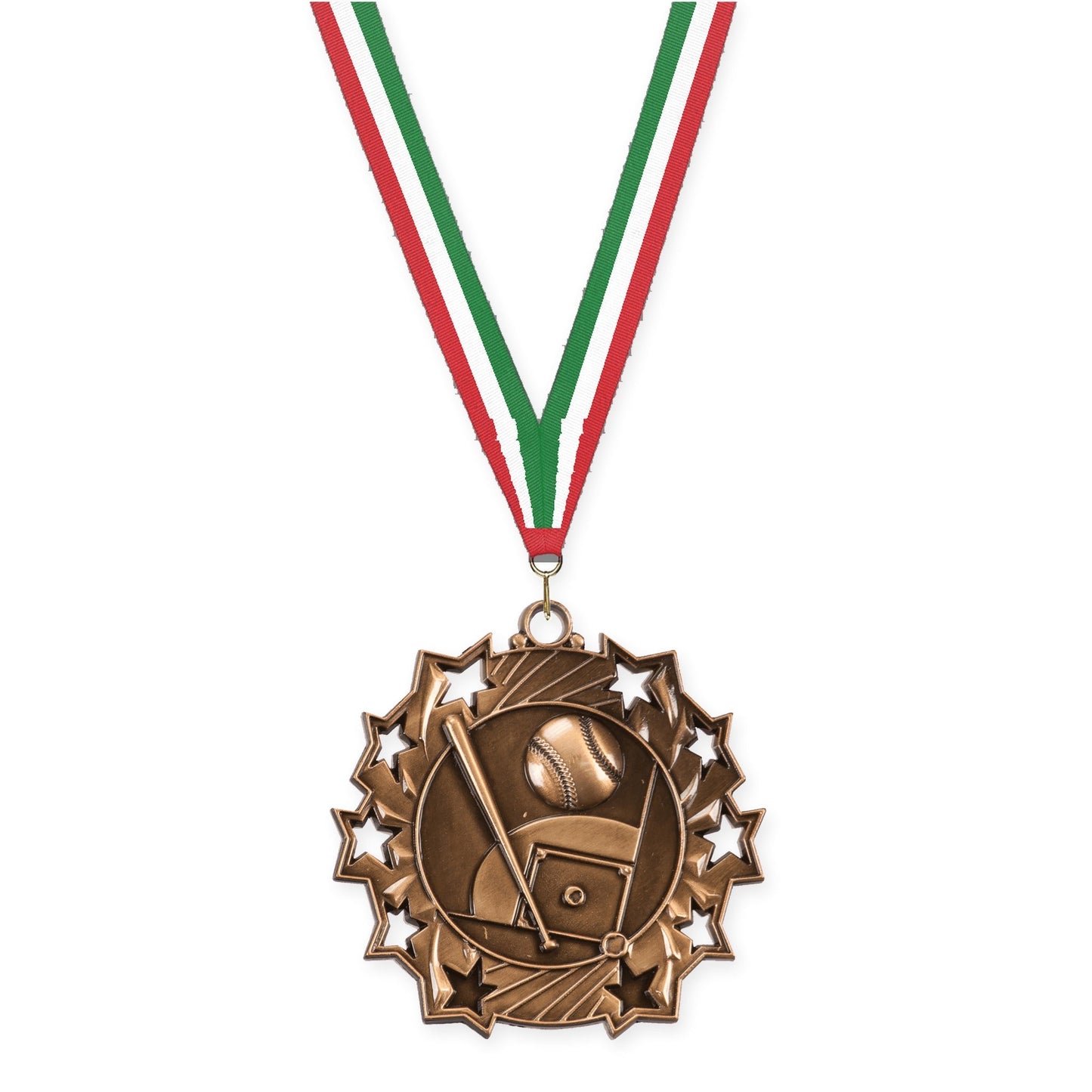 2 1/4 inch baseball and softball Ten Star medal in antique bronze with Red White Green neck ribbon