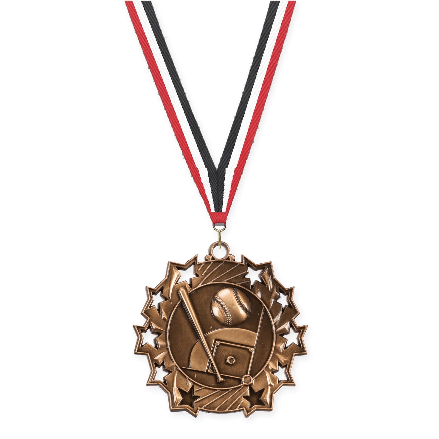 2 1/4 inch baseball and softball Ten Star medal in antique bronze with Red White Black neck ribbon