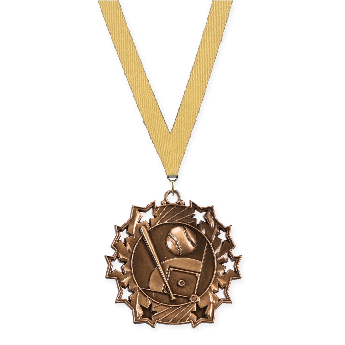 2 1/4 inch baseball and softball Ten Star medal in antique bronze with Gold Metallic neck ribbon