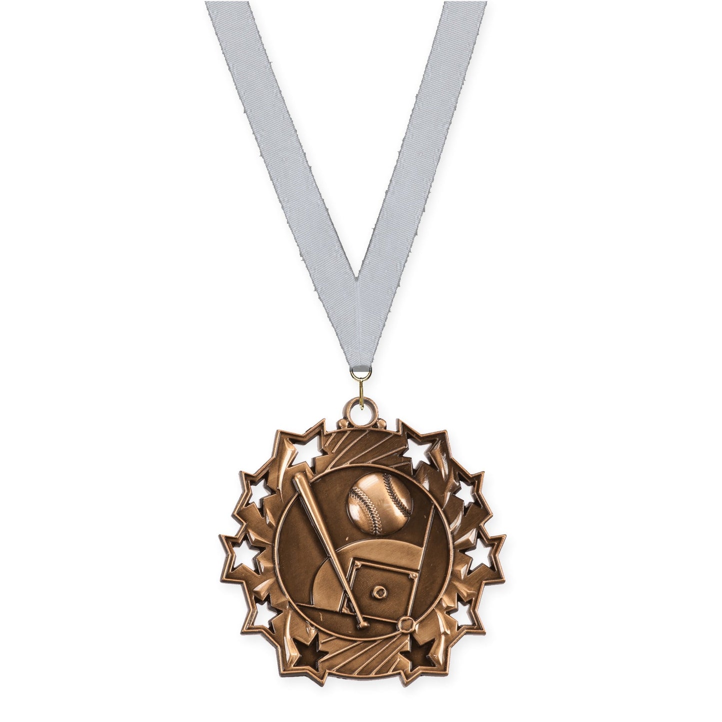 2 1/4 inch baseball and softball Ten Star medal in antique bronze with Silver Metallic neck ribbon