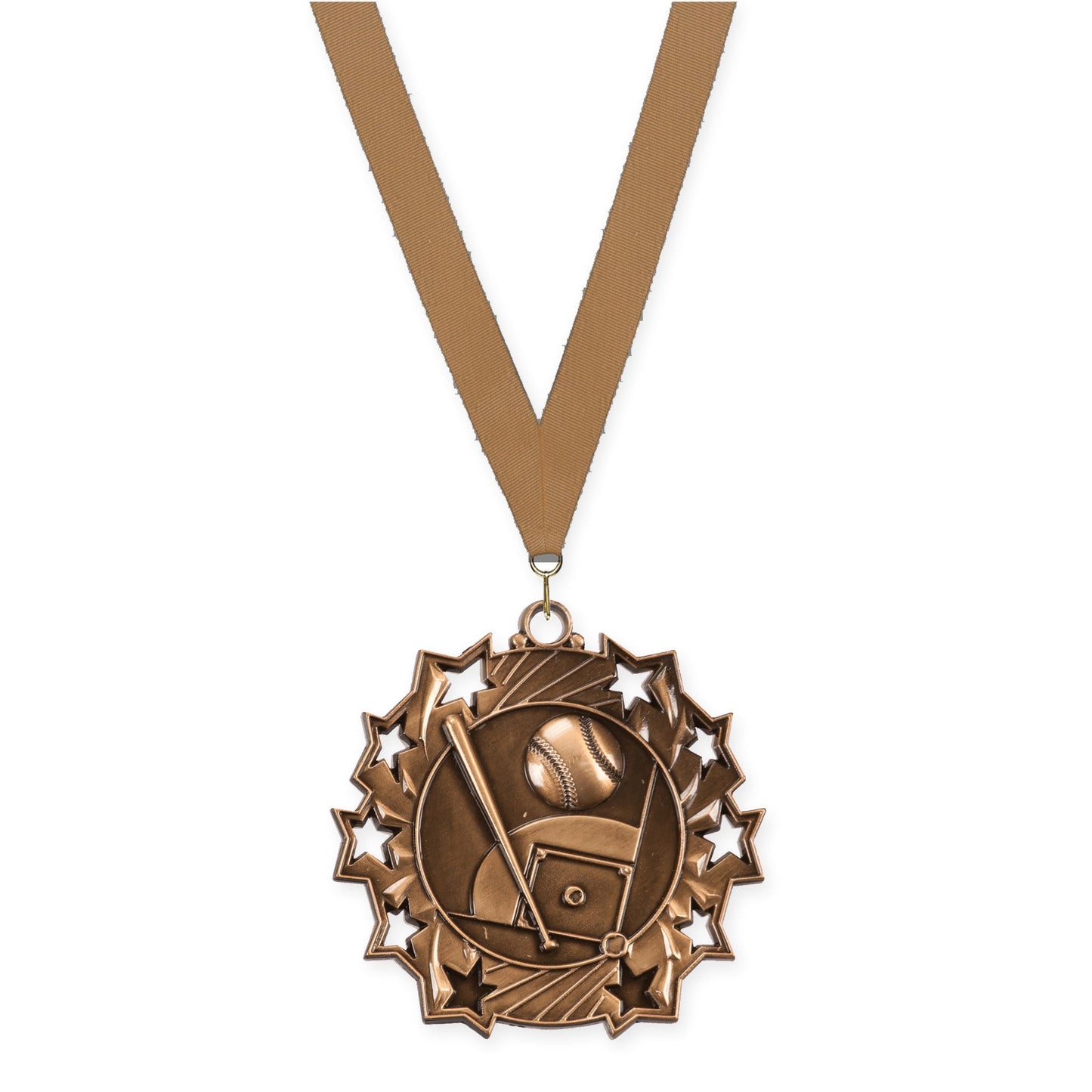 2 1/4 inch baseball and softball Ten Star medal in antique bronze with Bronze Metallic neck ribbon