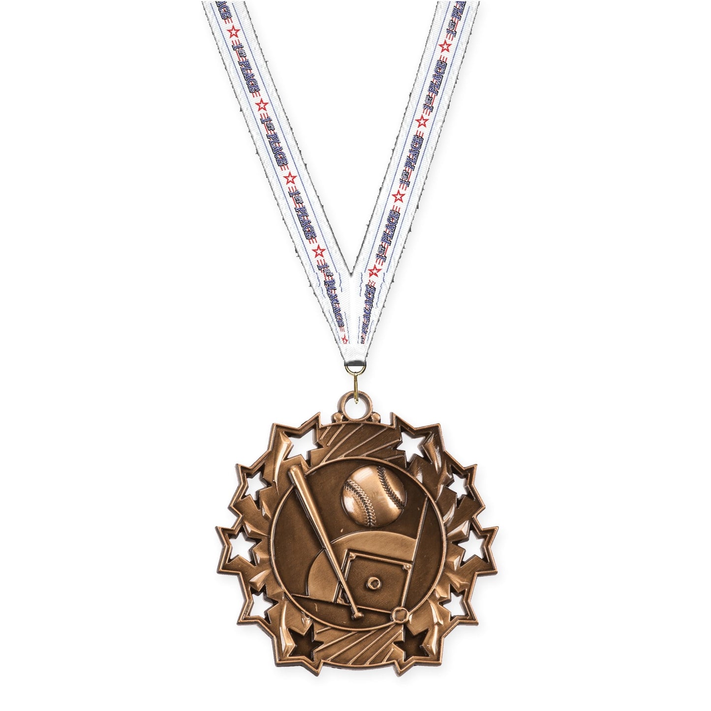 2 1/4 inch baseball and softball Ten Star medal in antique bronze with 1st Place neck ribbon