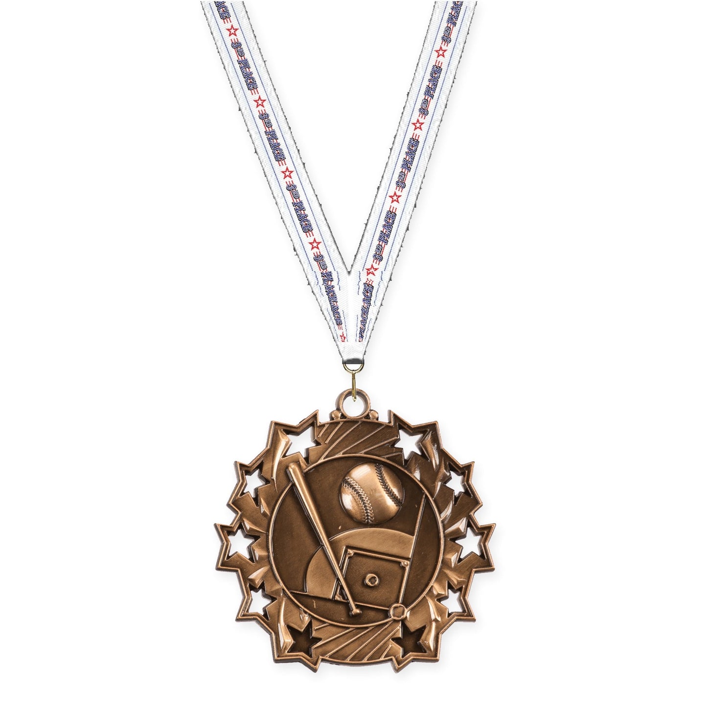 2 1/4 inch baseball and softball Ten Star medal in antique bronze with 3rd Place neck ribbon