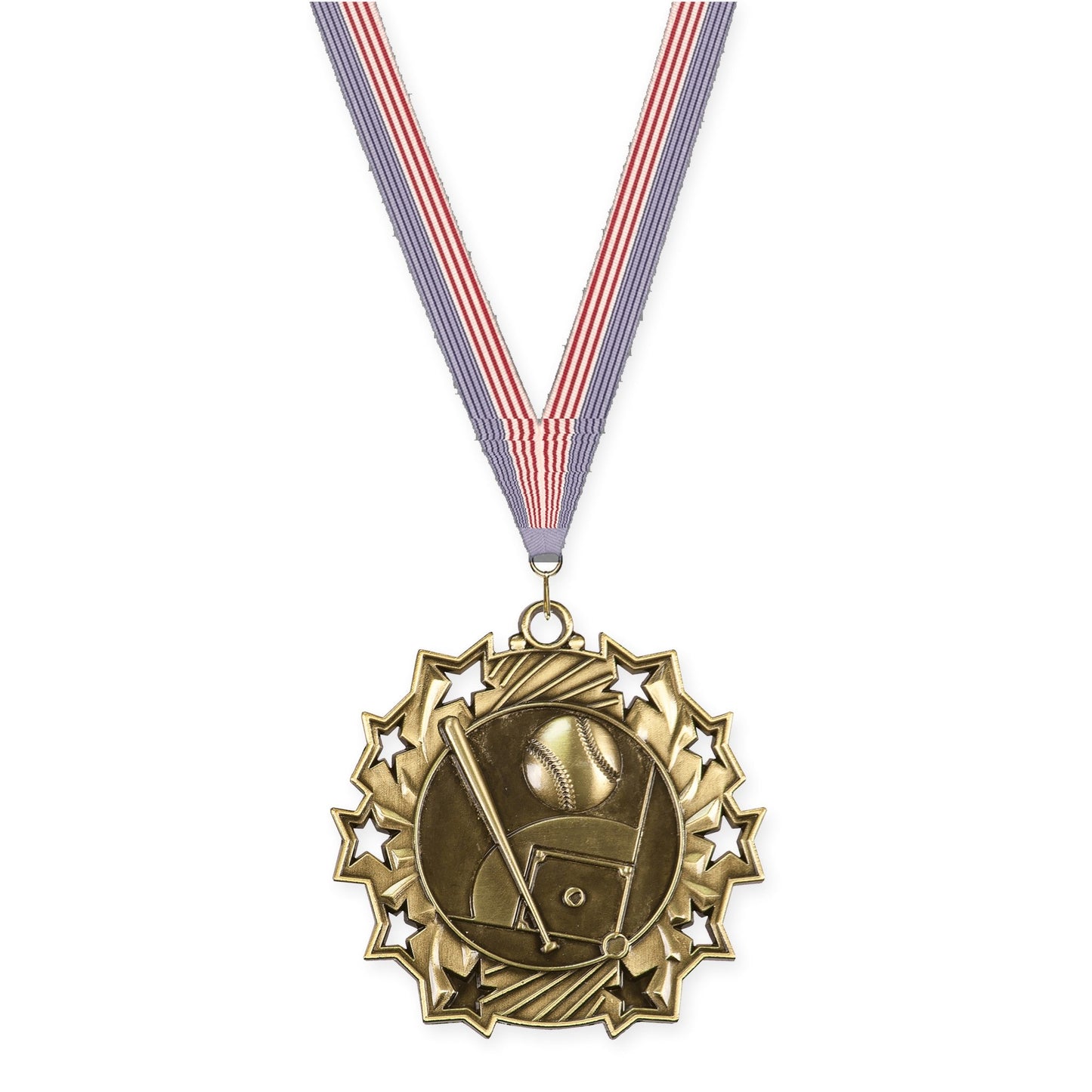 2 1/4 inch baseball and softball Ten Star medal in antique gold with USA Flag neck ribbon