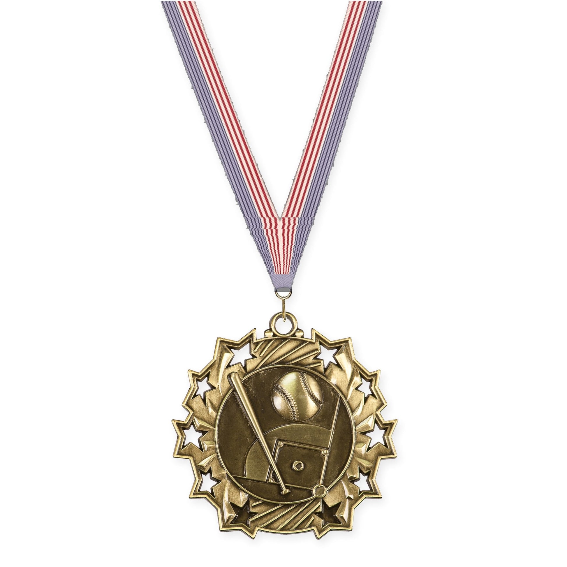 2 1/4 inch baseball and softball Ten Star medal in antique gold with USA Flag neck ribbon