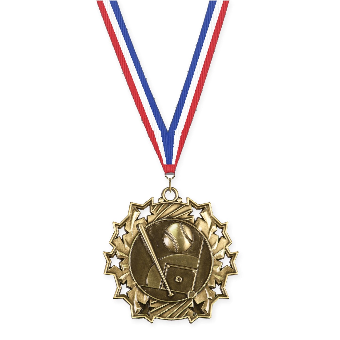 2 1/4 inch baseball and softball Ten Star medal in antique gold with Red White Blue neck ribbon