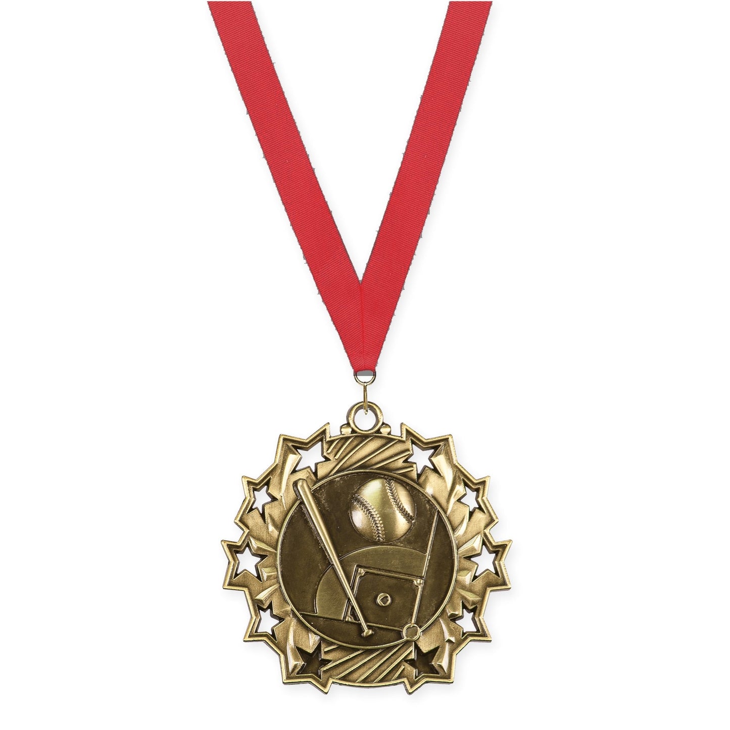 2 1/4 inch baseball and softball Ten Star medal in antique gold with Red neck ribbon