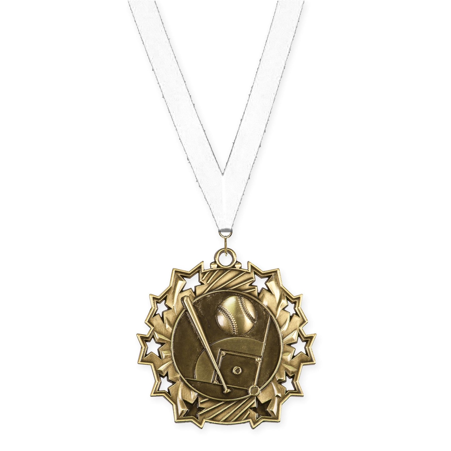 2 1/4 inch baseball and softball Ten Star medal in antique gold with White neck ribbon
