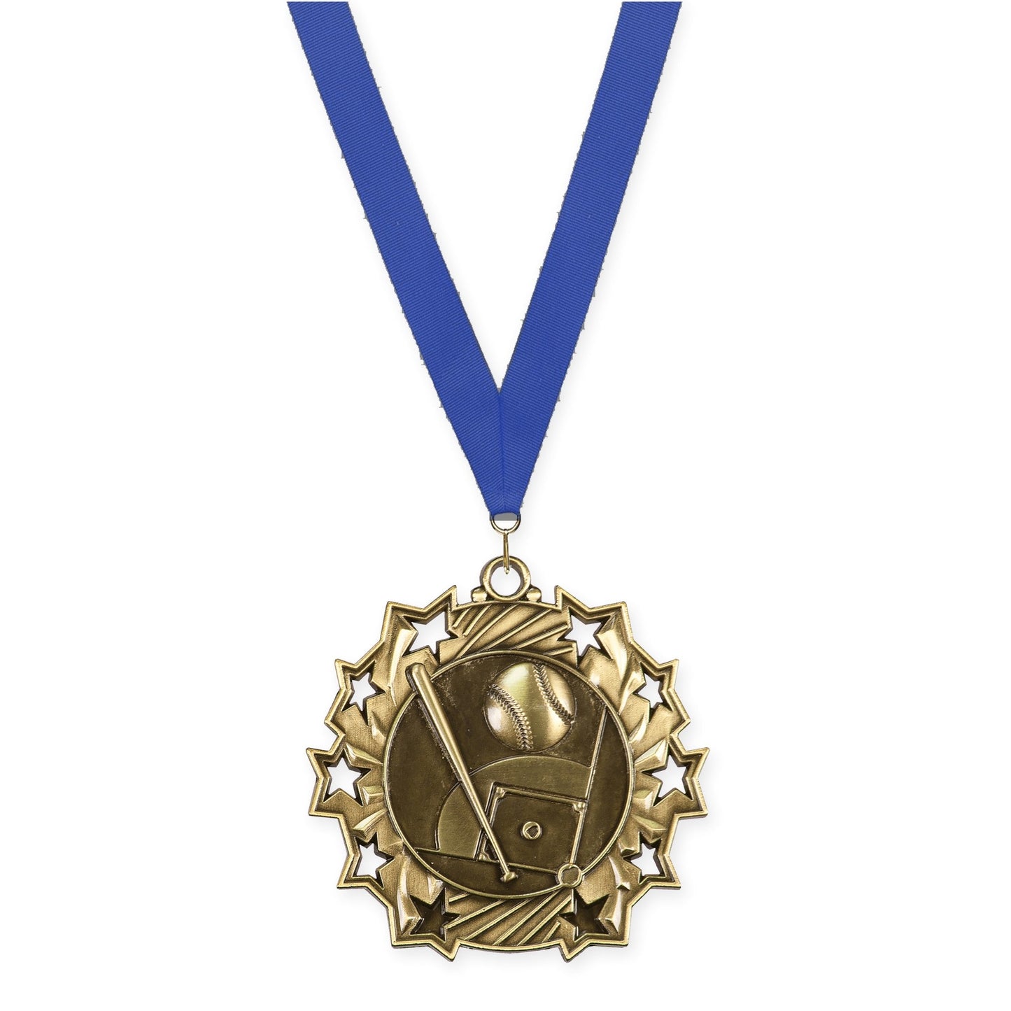 2 1/4 inch baseball and softball Ten Star medal in antique gold with Blue neck ribbon