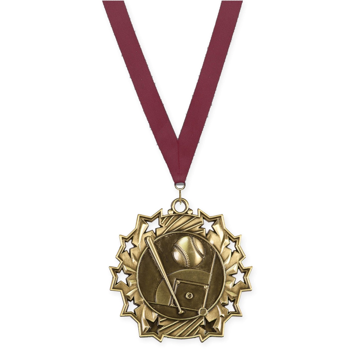 2 1/4 inch baseball and softball Ten Star medal in antique gold with Maroon neck ribbon