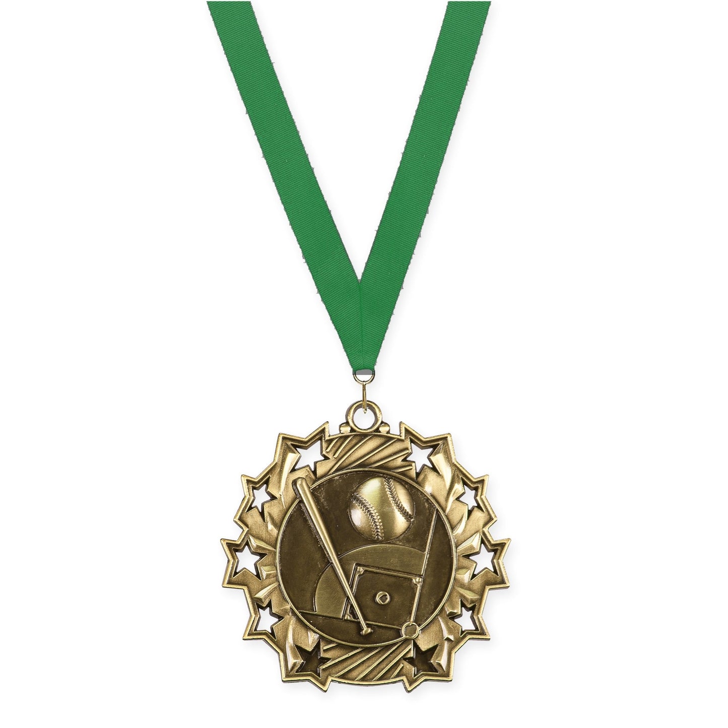 2 1/4 inch baseball and softball Ten Star medal in antique gold with Green neck ribbon