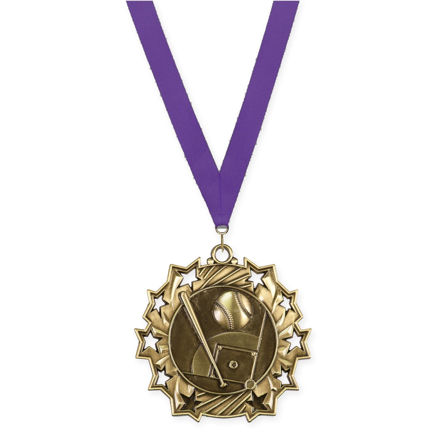 2 1/4 inch baseball and softball Ten Star medal in antique gold with Purple neck ribbon