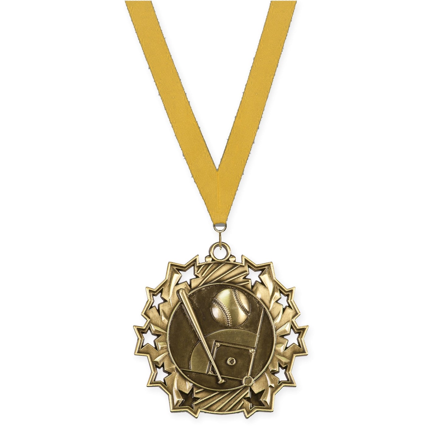 2 1/4 inch baseball and softball Ten Star medal in antique gold with Gold neck ribbon