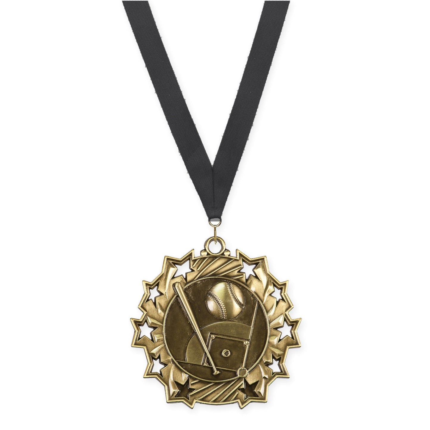 2 1/4 inch baseball and softball Ten Star medal in antique gold with Black neck ribbon