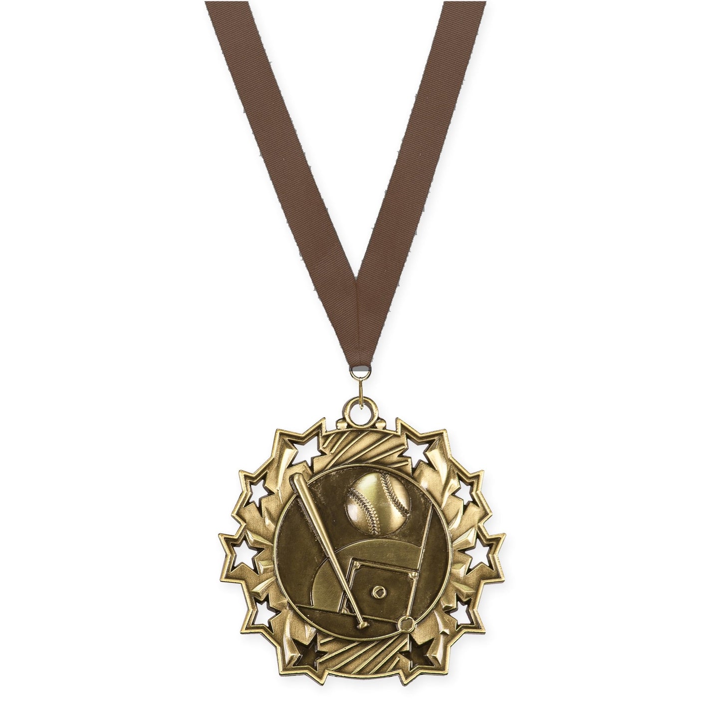 2 1/4 inch baseball and softball Ten Star medal in antique gold with Brown neck ribbon