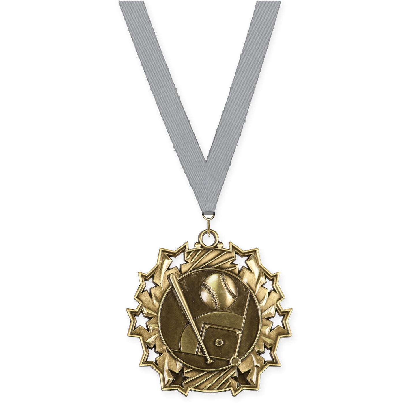 2 1/4 inch baseball and softball Ten Star medal in antique gold with Gray neck ribbon