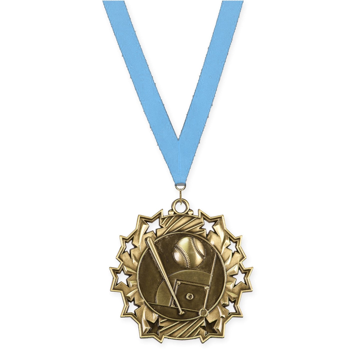 2 1/4 inch baseball and softball Ten Star medal in antique gold with Light Blue neck ribbon