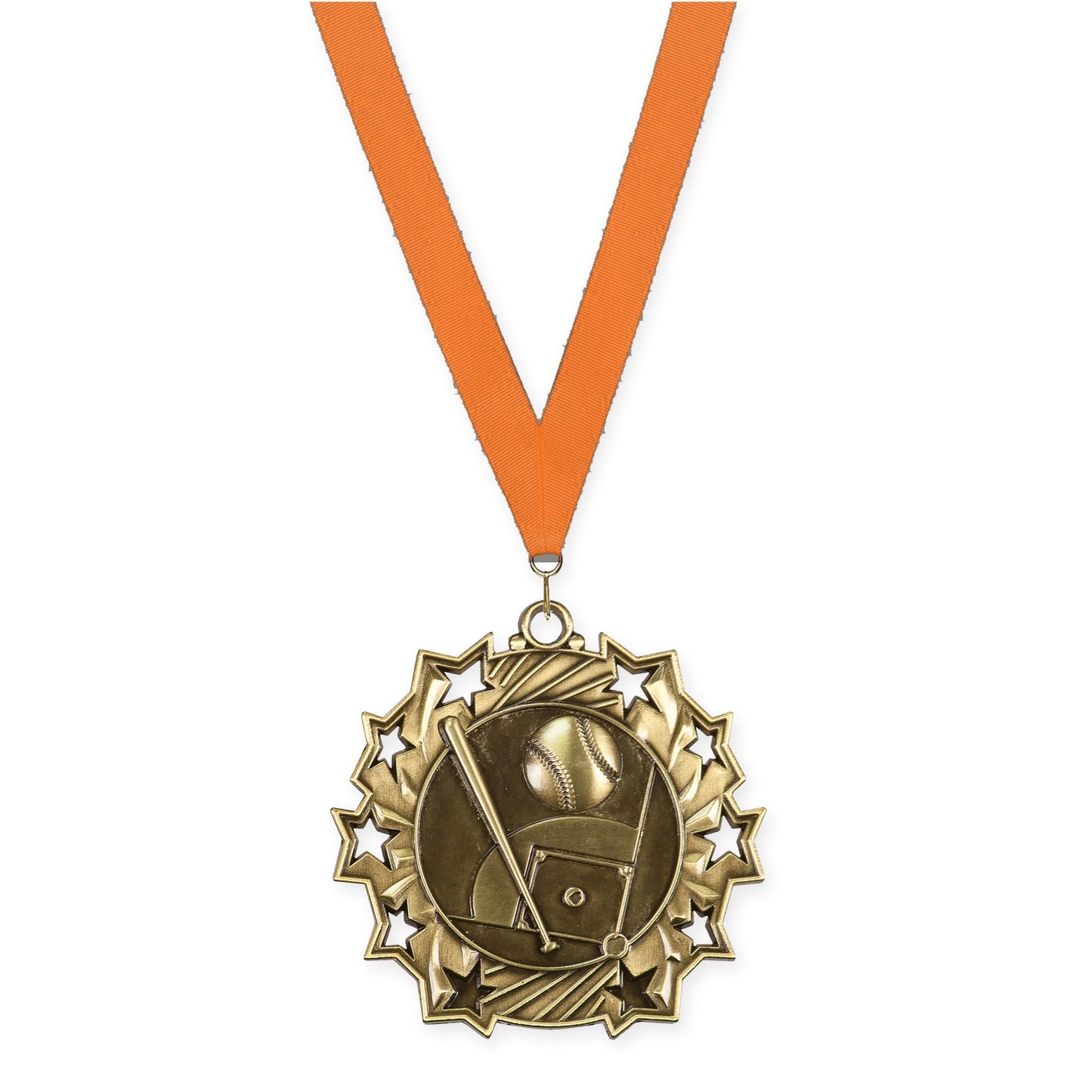 2 1/4 inch baseball and softball Ten Star medal in antique gold with Orange neck ribbon