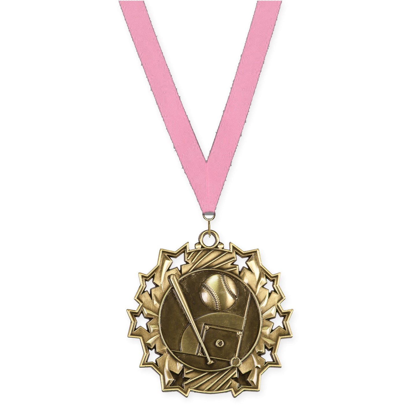 2 1/4 inch baseball and softball Ten Star medal in antique gold with Pink neck ribbon