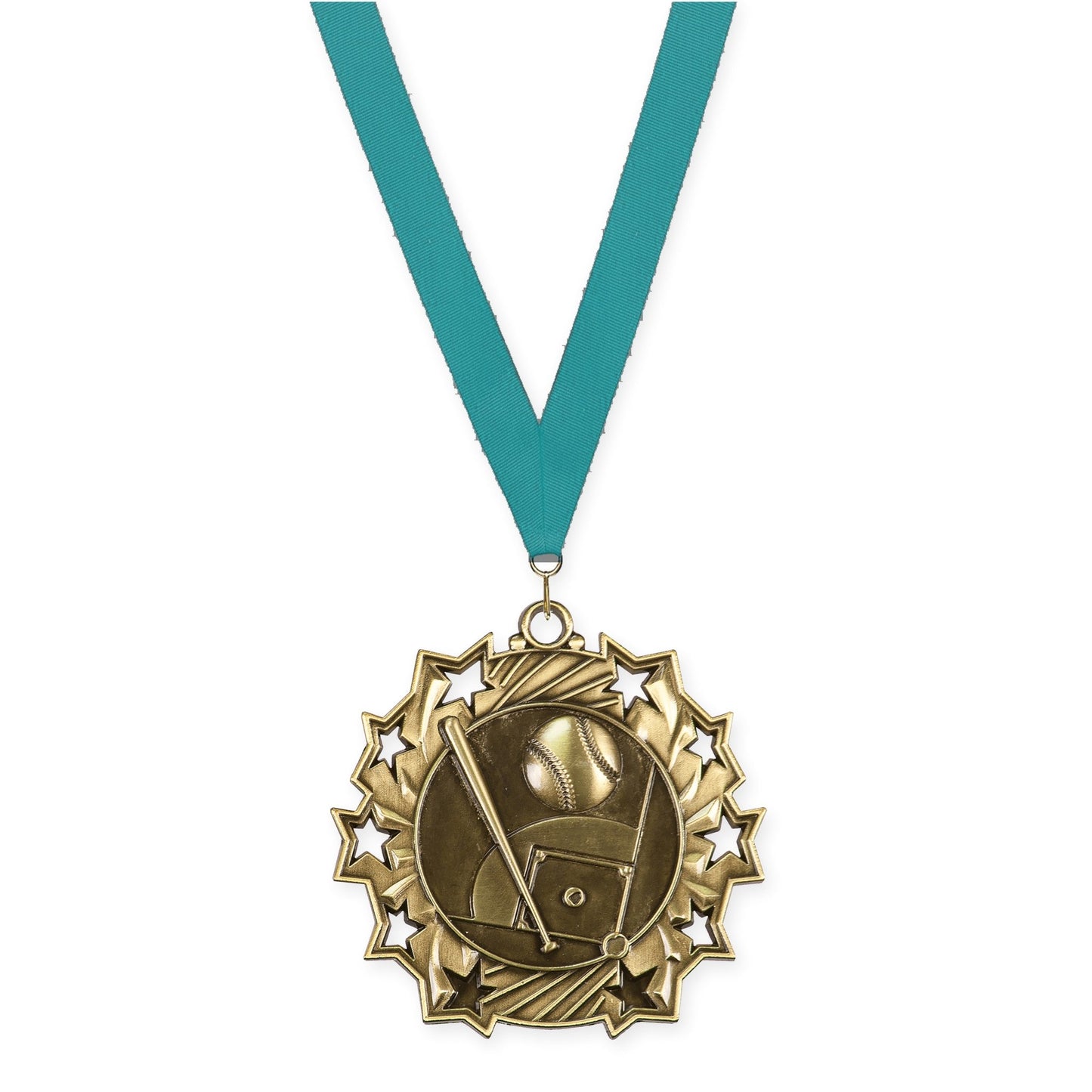 2 1/4 inch baseball and softball Ten Star medal in antique gold with Teal neck ribbon