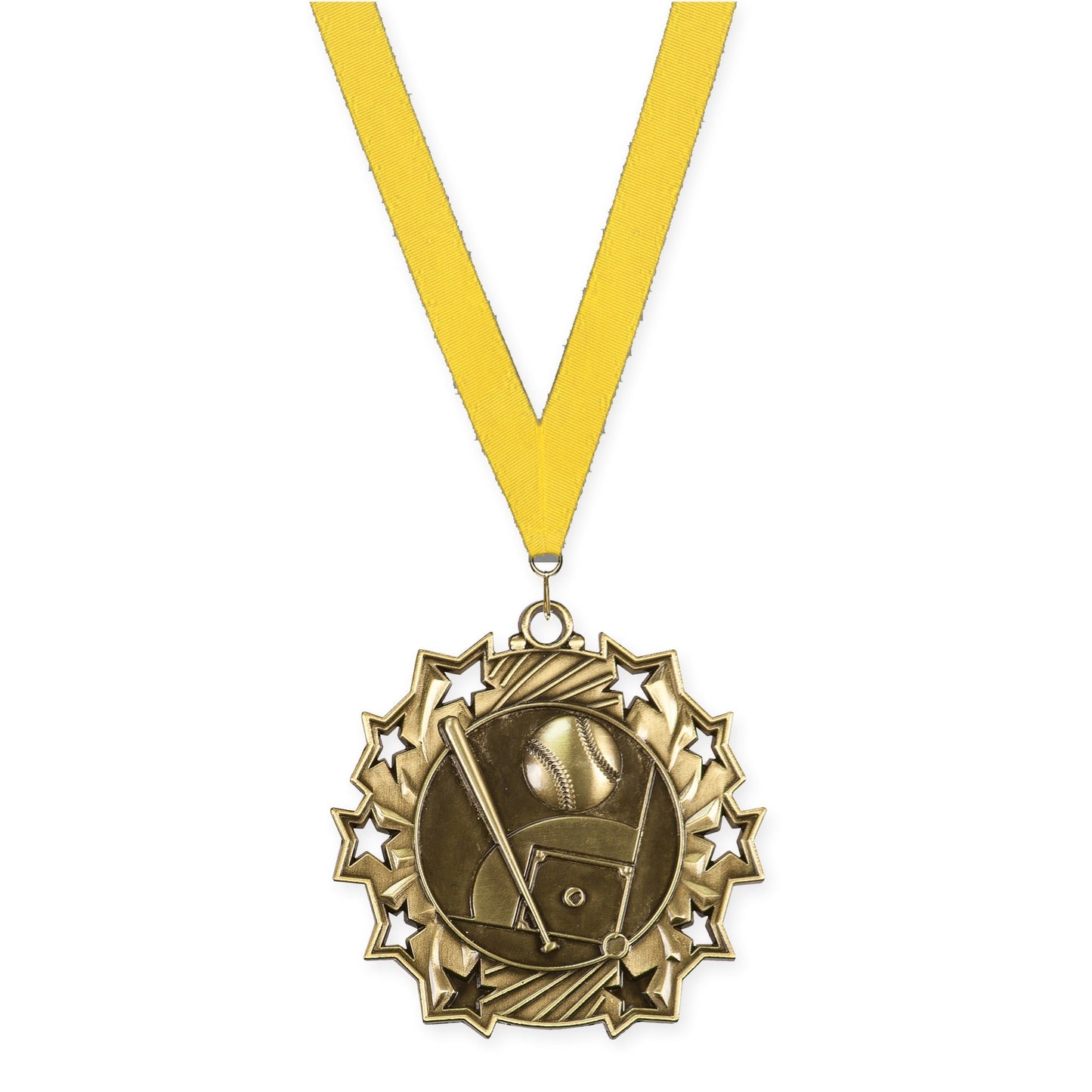 2 1/4 inch baseball and softball Ten Star medal in antique gold with Yellow neck ribbon