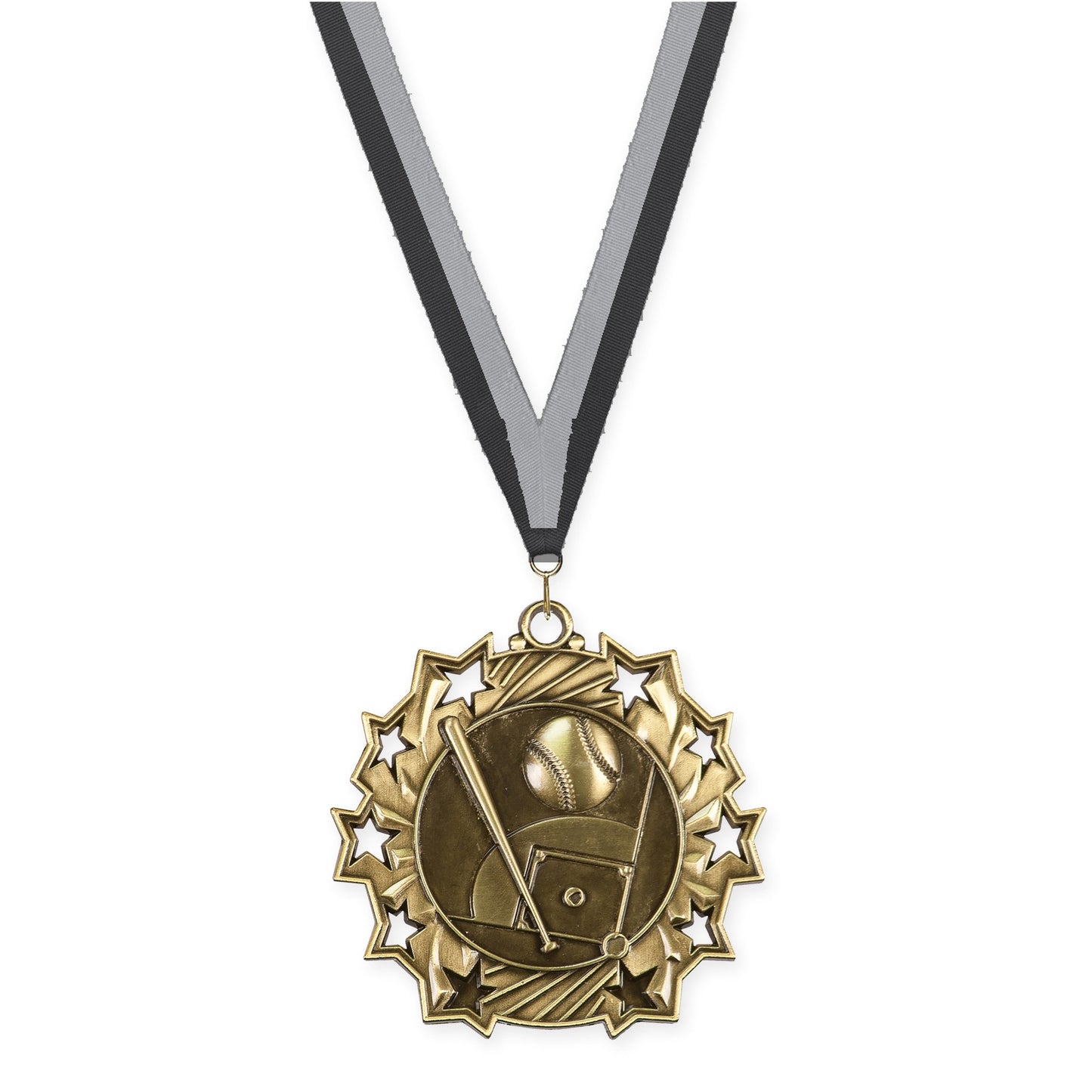 2 1/4 inch baseball and softball Ten Star medal in antique gold with Black Gray neck ribbon