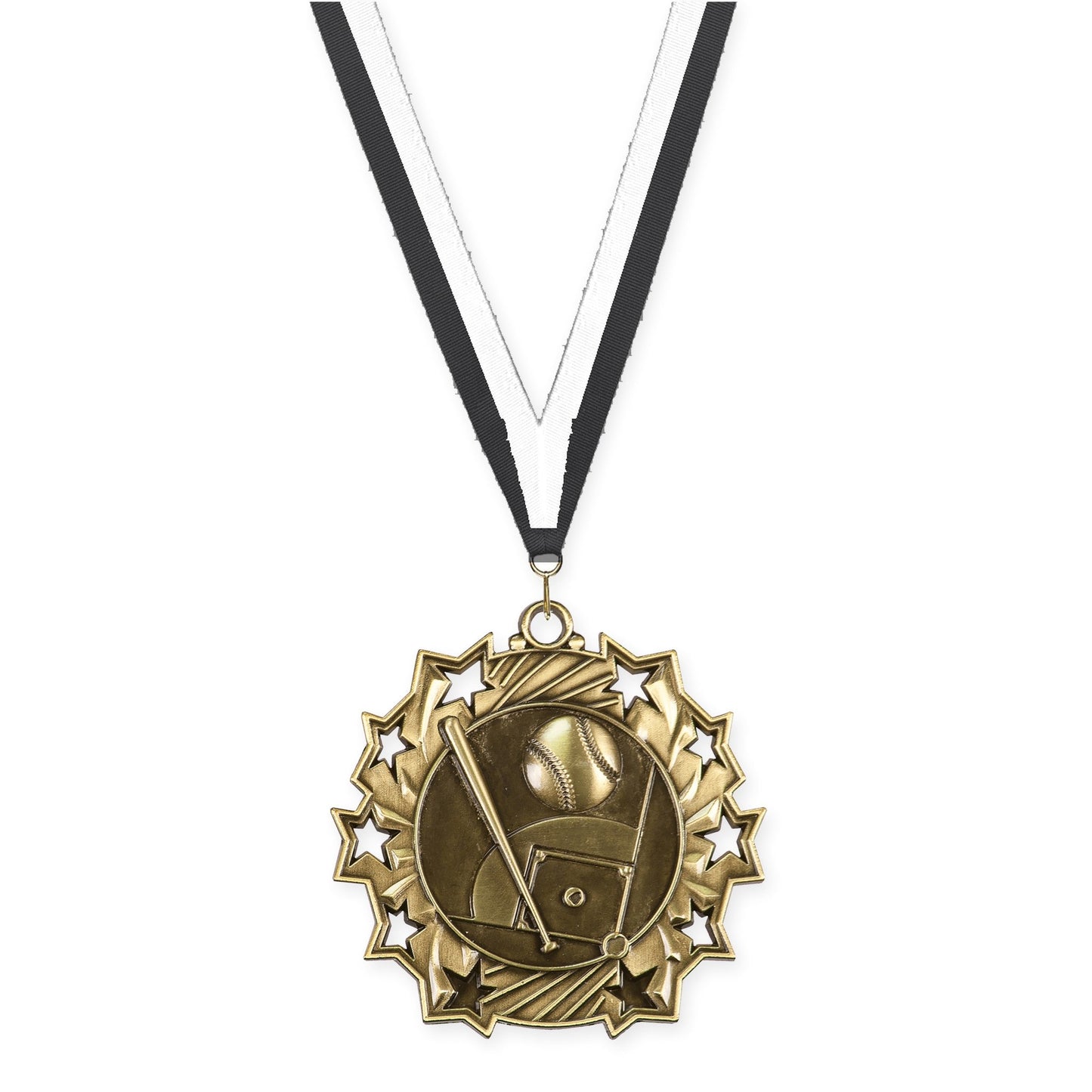 2 1/4 inch baseball and softball Ten Star medal in antique gold with Black White neck ribbon