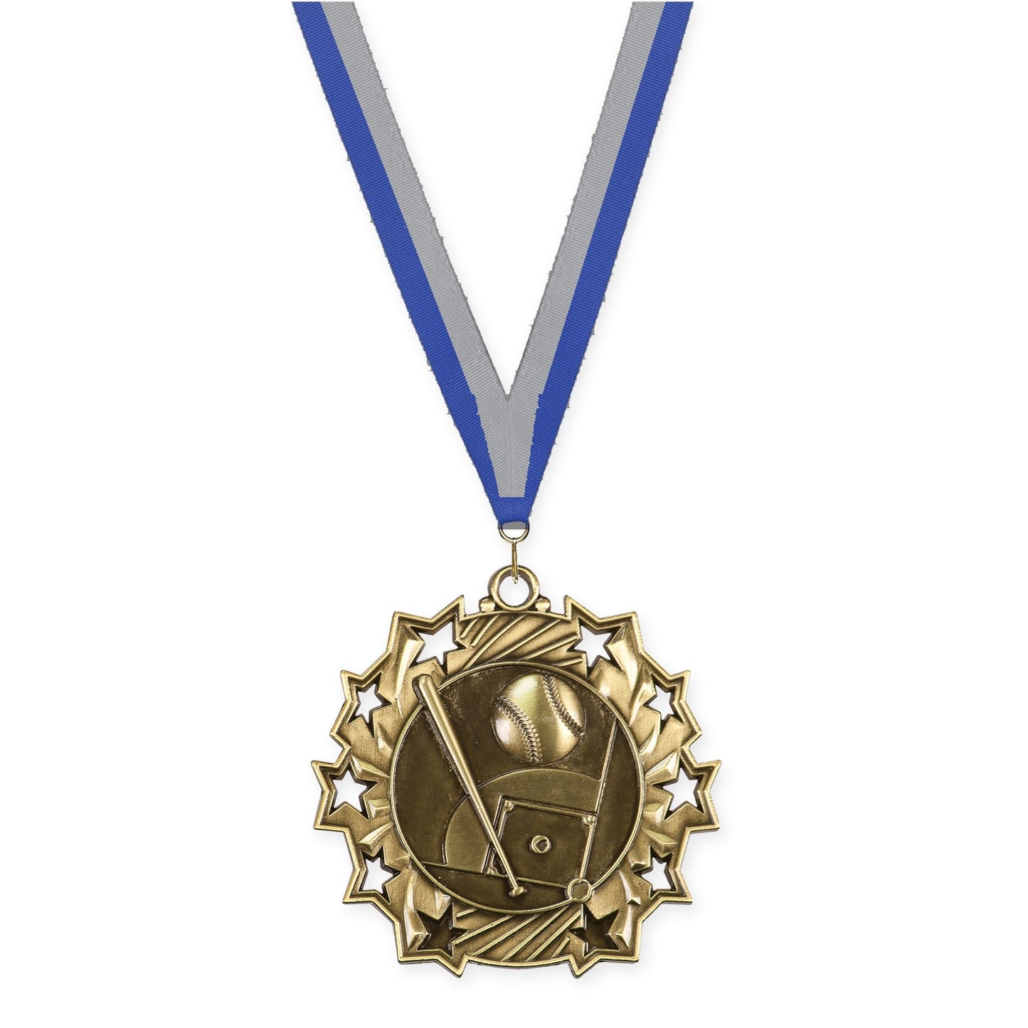 2 1/4 inch baseball and softball Ten Star medal in antique gold with Blue Gray neck ribbon