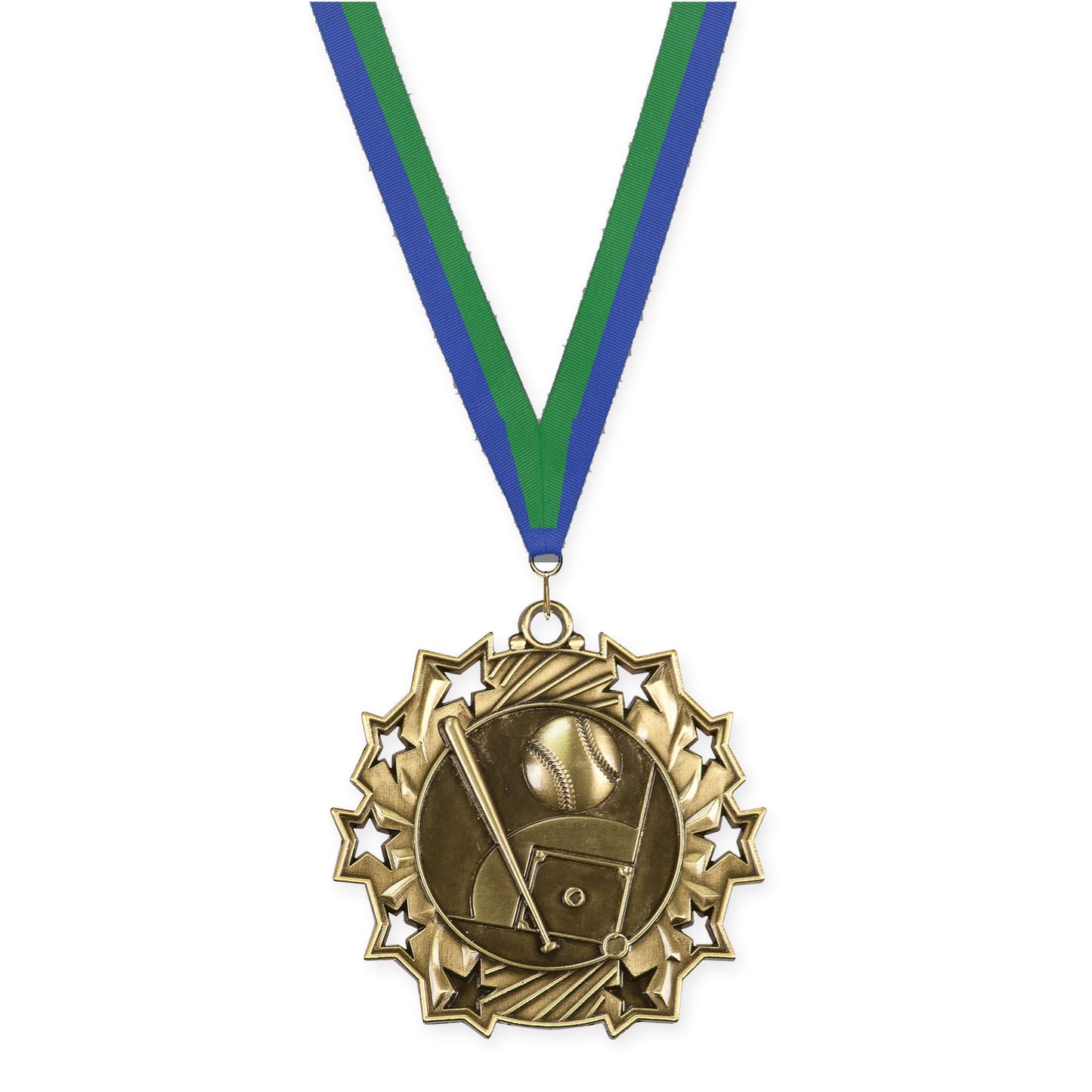 2 1/4 inch baseball and softball Ten Star medal in antique gold with Blue Green neck ribbon